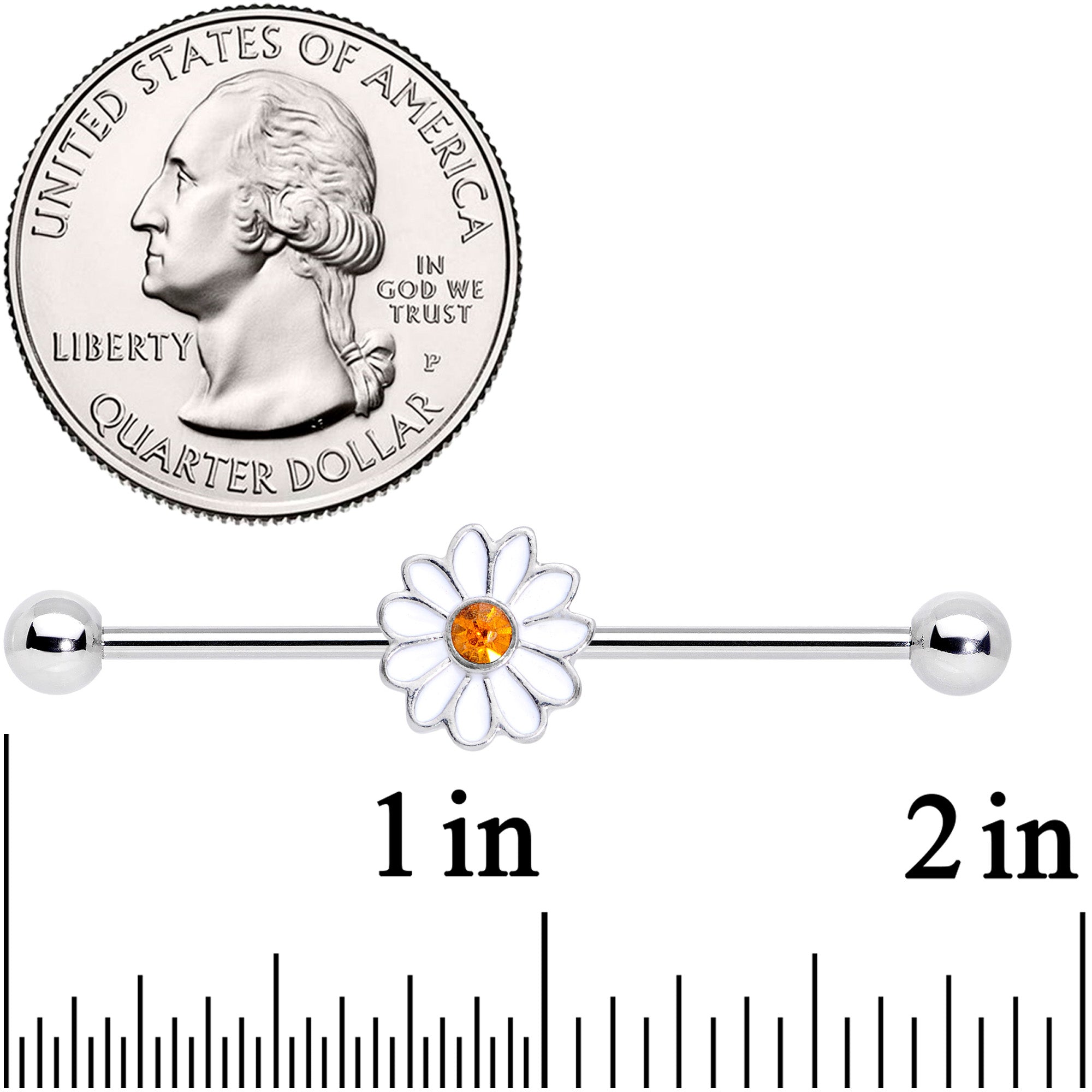 BodyCandy 14G Yellow Gem White Daisy Flower Industrial Barbell 38mm — detail close-up