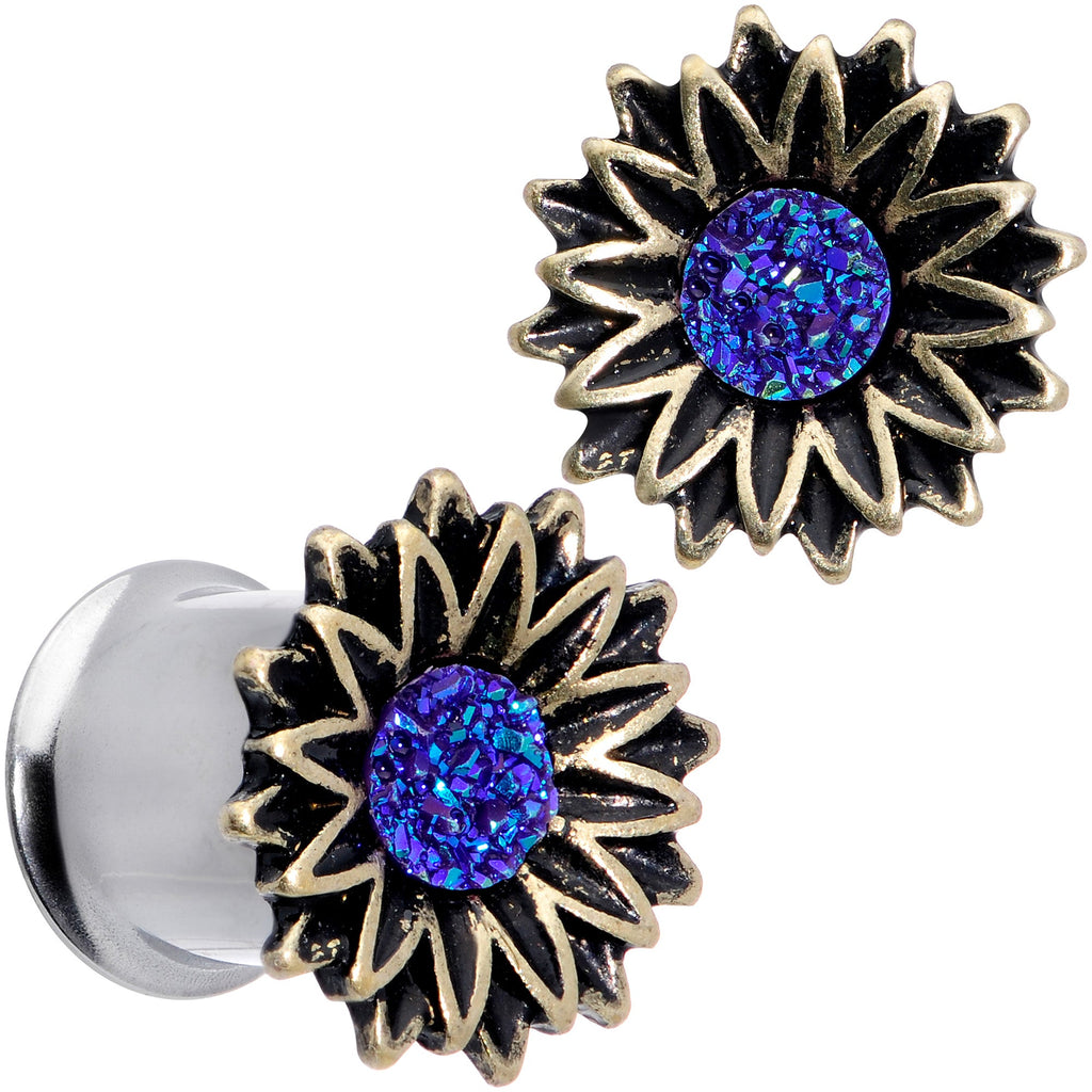 BodyCandy Blue Faux Druzy Sunburst Flower Double Flare Plug Set 2G to 1" — color detail