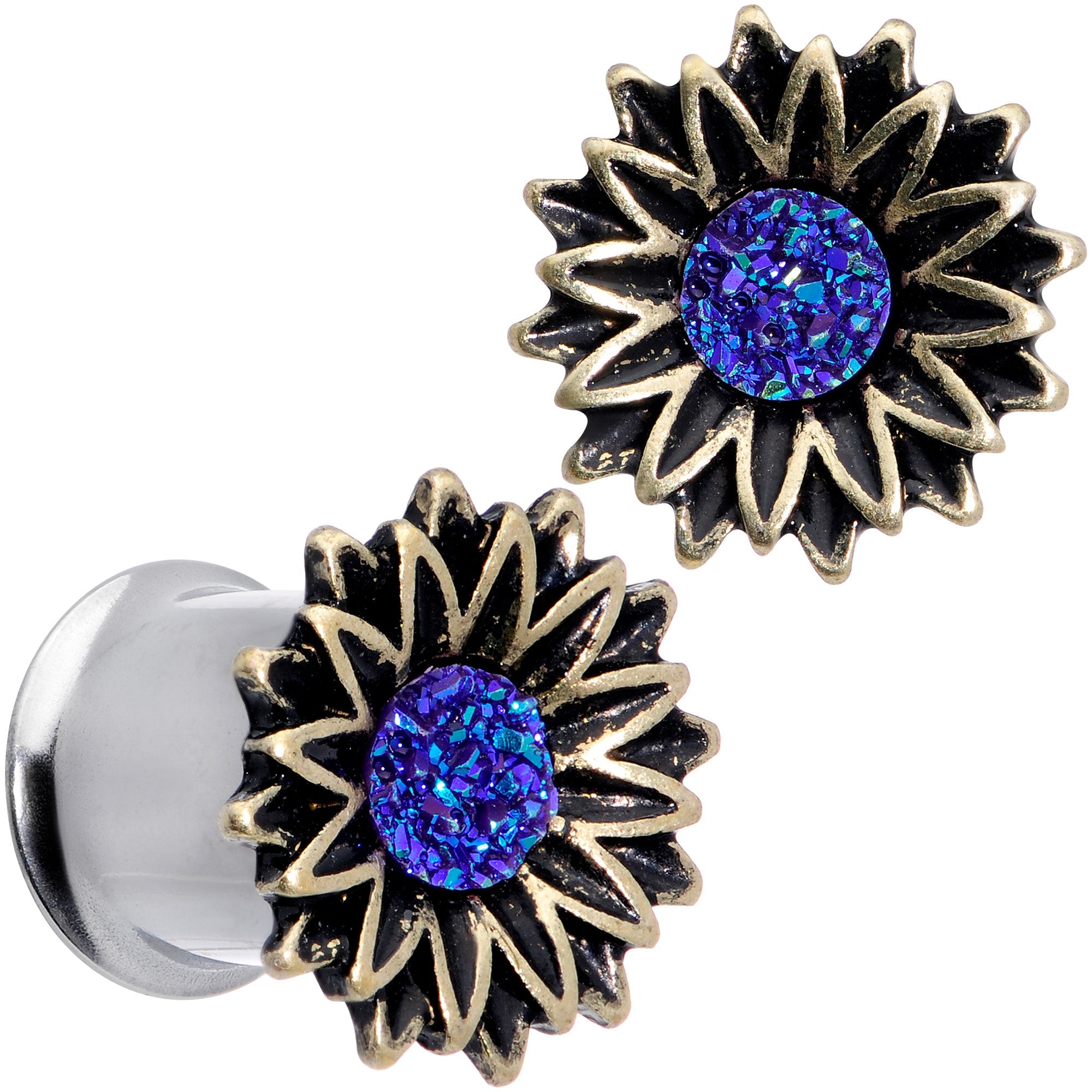 BodyCandy Blue Faux Druzy Sunburst Flower Double Flare Plug Set 2G to 1" — color detail
