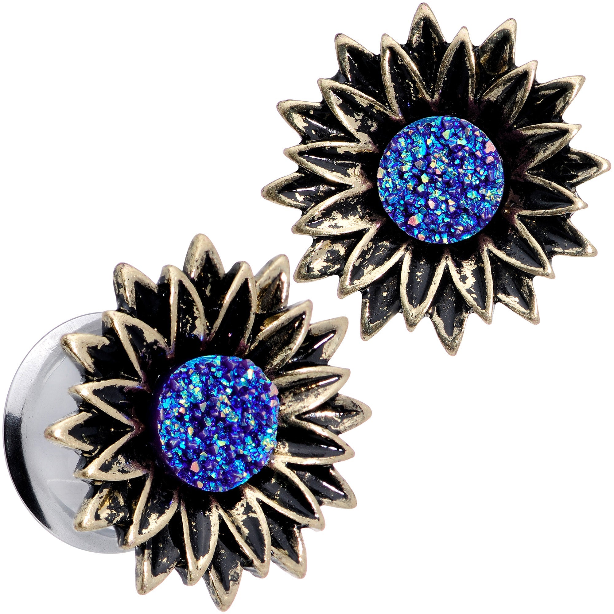 BodyCandy Blue Faux Druzy Sunburst Flower Double Flare Plug Set 2G to 1" — comparison shot