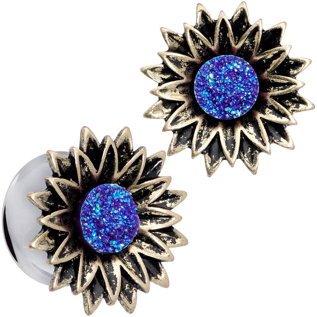BodyCandy Blue Faux Druzy Sunburst Flower Double Flare Plug Set 2G to 1" — fabric or material detail