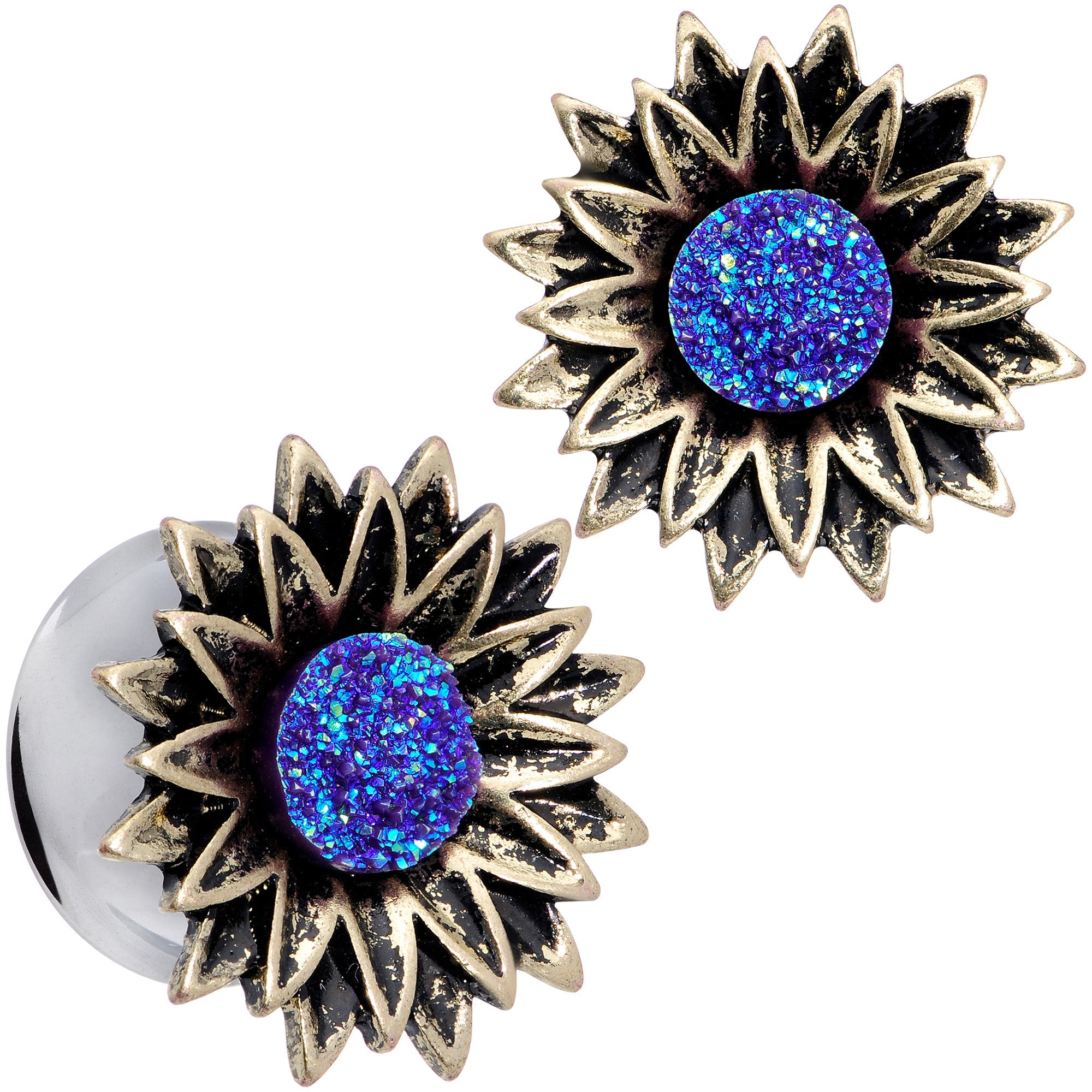 BodyCandy Blue Faux Druzy Sunburst Flower Double Flare Plug Set 2G to 1" — fabric or material detail