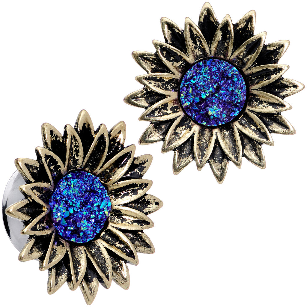 BodyCandy Blue Faux Druzy Sunburst Flower Double Flare Plug Set 2G to 1" — feature highlight