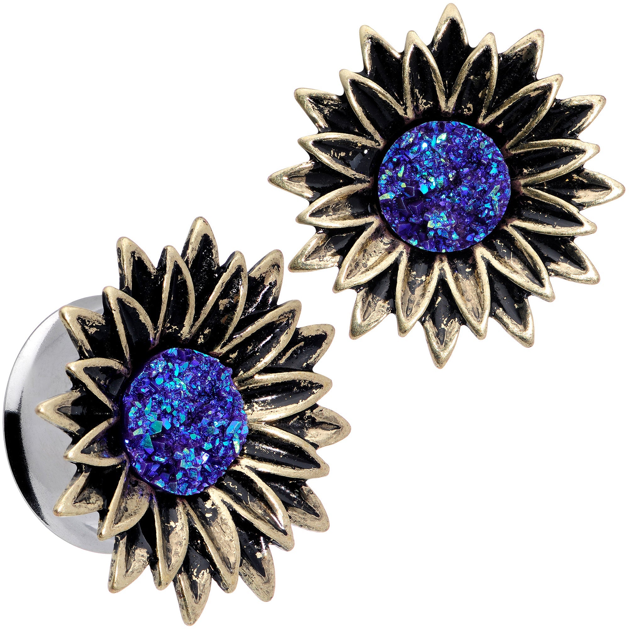 BodyCandy Blue Faux Druzy Sunburst Flower Double Flare Plug Set 2G to 1" — product on model