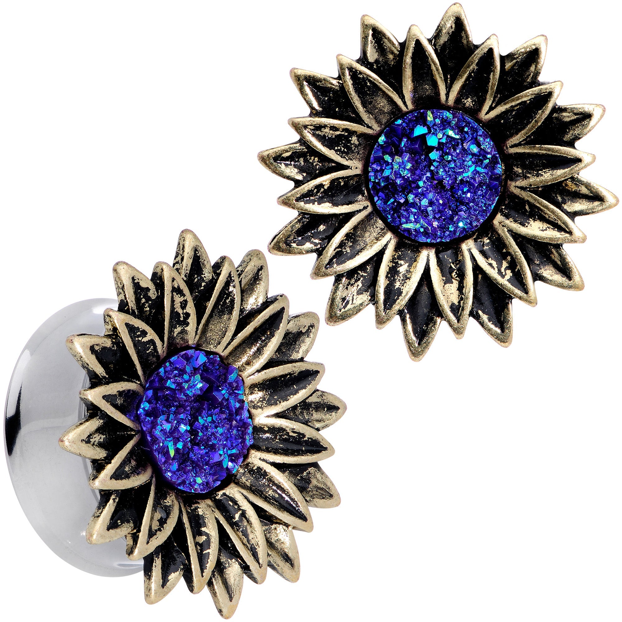 BodyCandy Blue Faux Druzy Sunburst Flower Double Flare Plug Set 2G to 1" — flat-lay composition