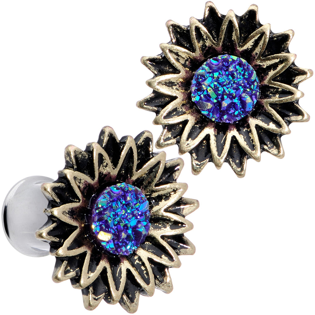 BodyCandy Blue Faux Druzy Sunburst Flower Double Flare Plug Set 2G to 1" — main product shot