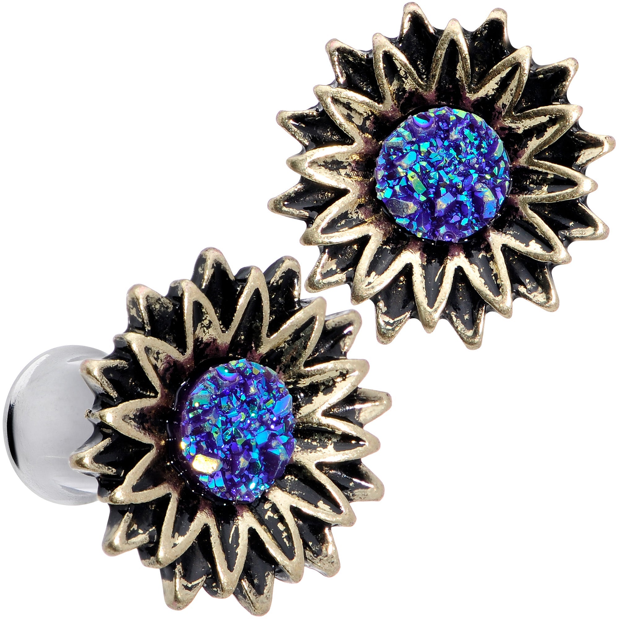 BodyCandy Blue Faux Druzy Sunburst Flower Double Flare Plug Set 2G to 1" — main product shot