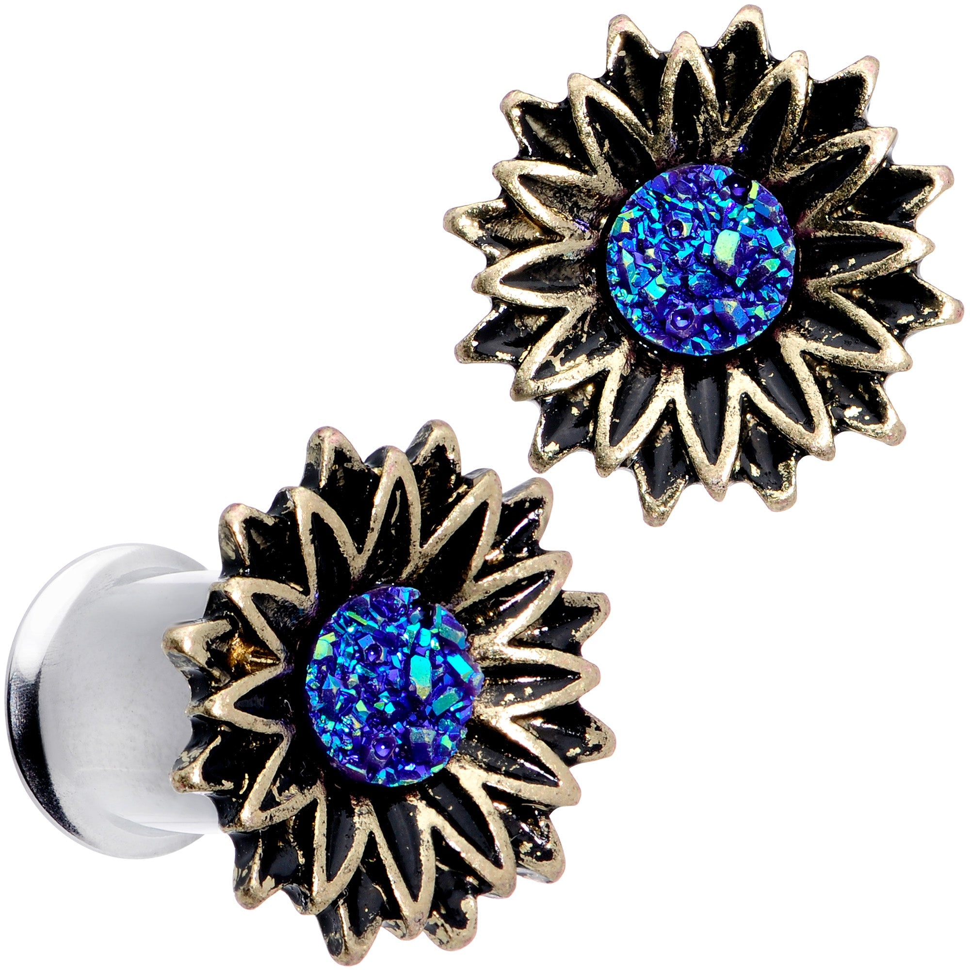BodyCandy Blue Faux Druzy Sunburst Flower Double Flare Plug Set 2G to 1" — detail close-up