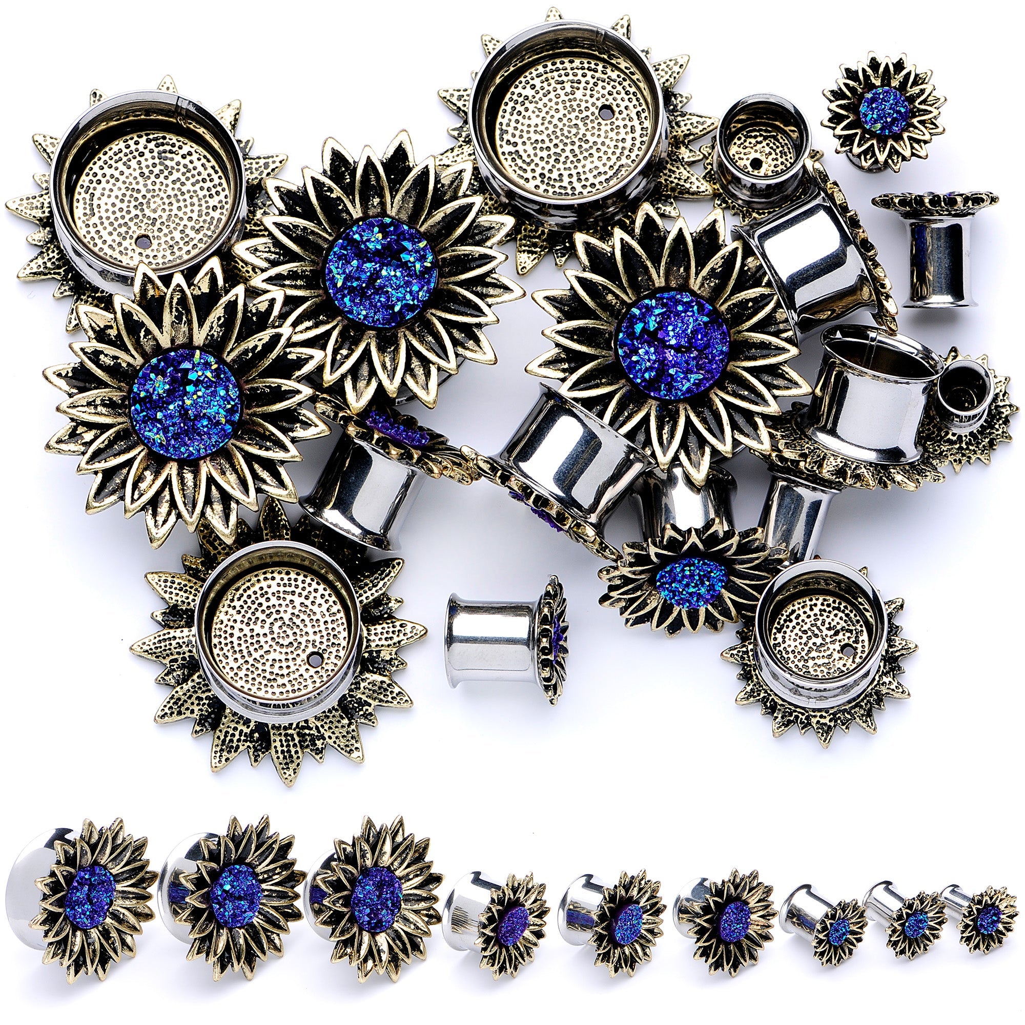 BodyCandy Blue Faux Druzy Sunburst Flower Double Flare Plug Set 2G to 1" — main product shot