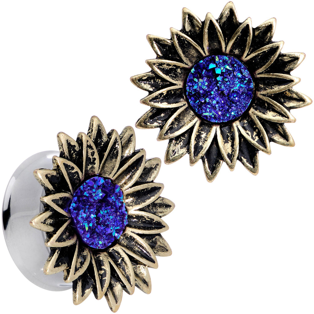 BodyCandy Blue Faux Druzy Sunburst Flower Double Flare Plug Set 2G to 1" — back view