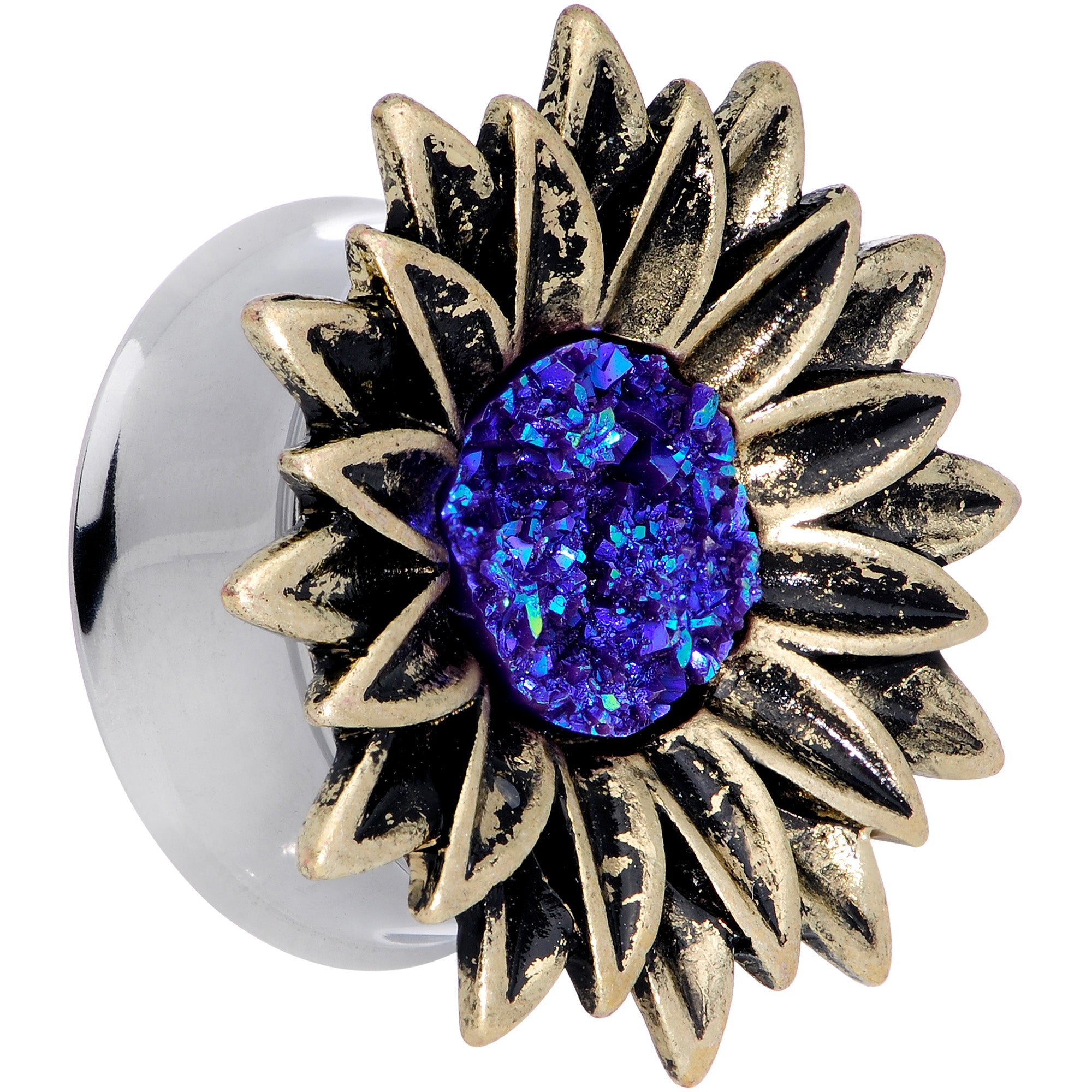 BodyCandy Blue Faux Druzy Sunburst Flower Double Flare Plug Set 2G to 1" — alternative angle