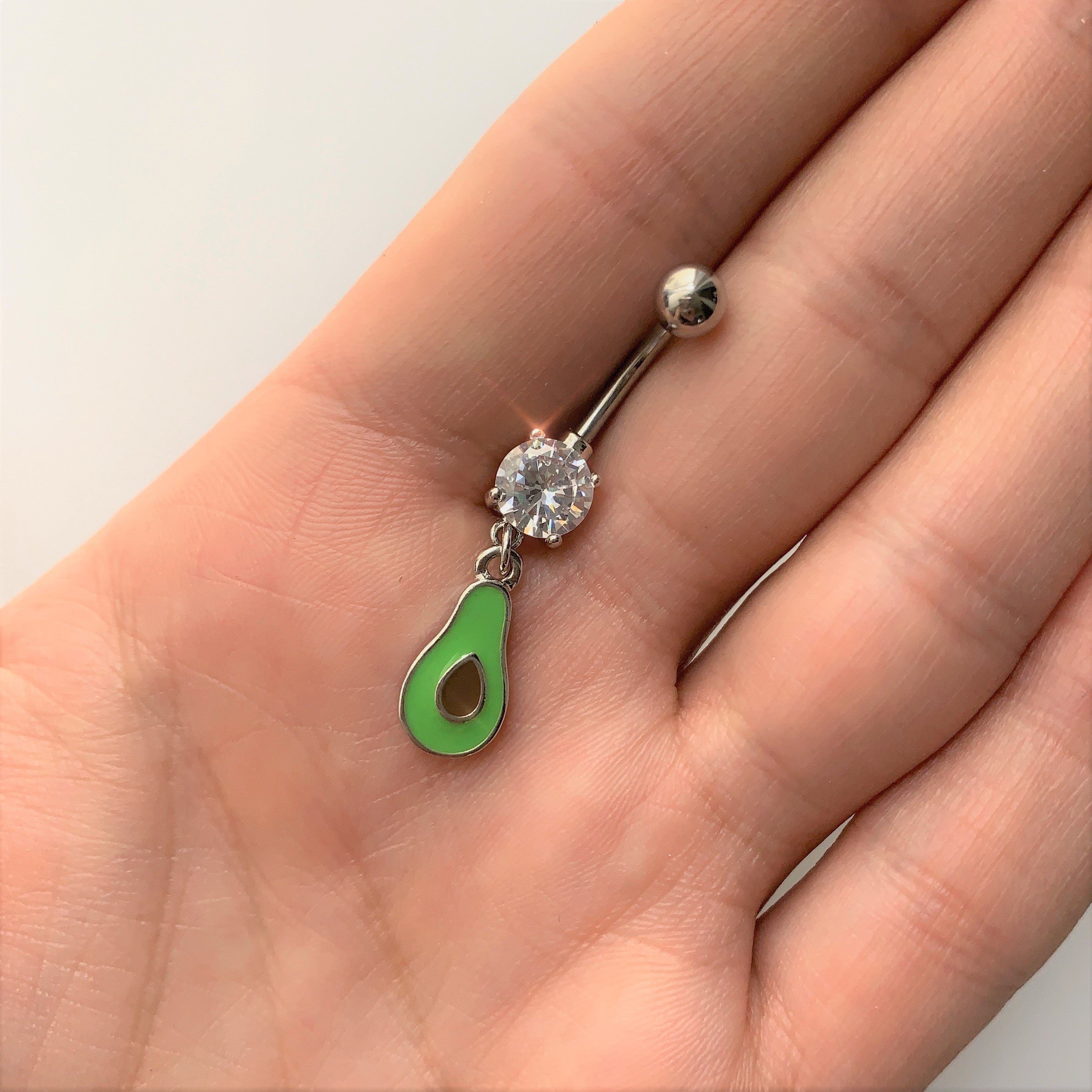 BodyCandy Clear CZ Gem Green Groovy Avocado Dangle Belly Ring — detail close-up