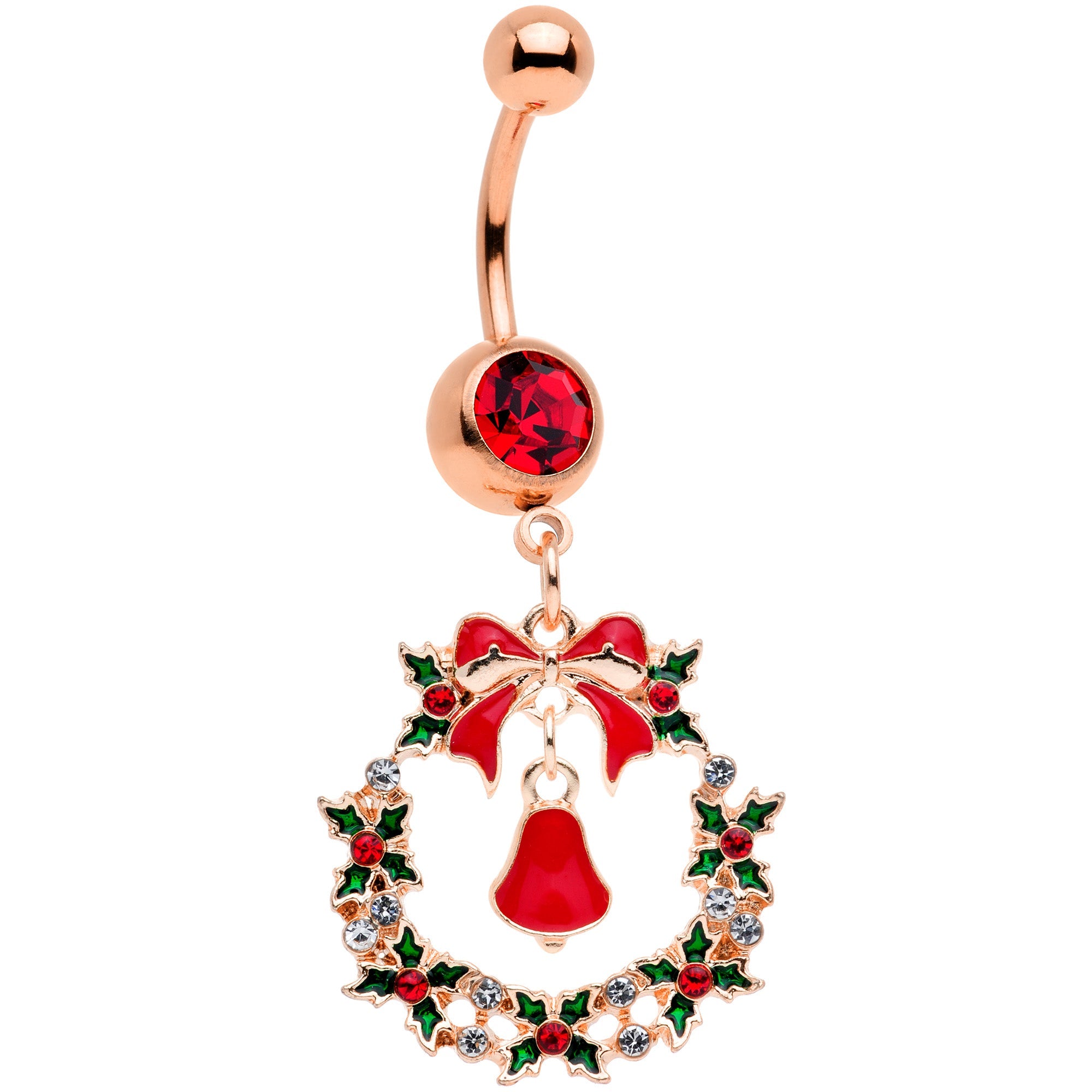BodyCandy Red Gem Rose Gold Tone Holiday Wreath Christmas Dangle Belly Ring — main product shot