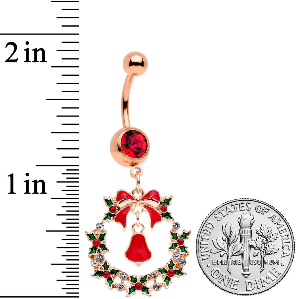 BodyCandy Red Gem Rose Gold Tone Holiday Wreath Christmas Dangle Belly Ring — side view