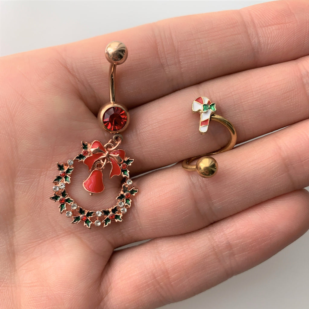 BodyCandy 14G 3/8 Gold Tone Candy Cane Christmas Spiral Twister Belly Ring — detail close-up