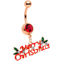 BodyCandy Red Gem Rose Gold Tone Merry Christmas Dangle Belly Ring — main product shot
