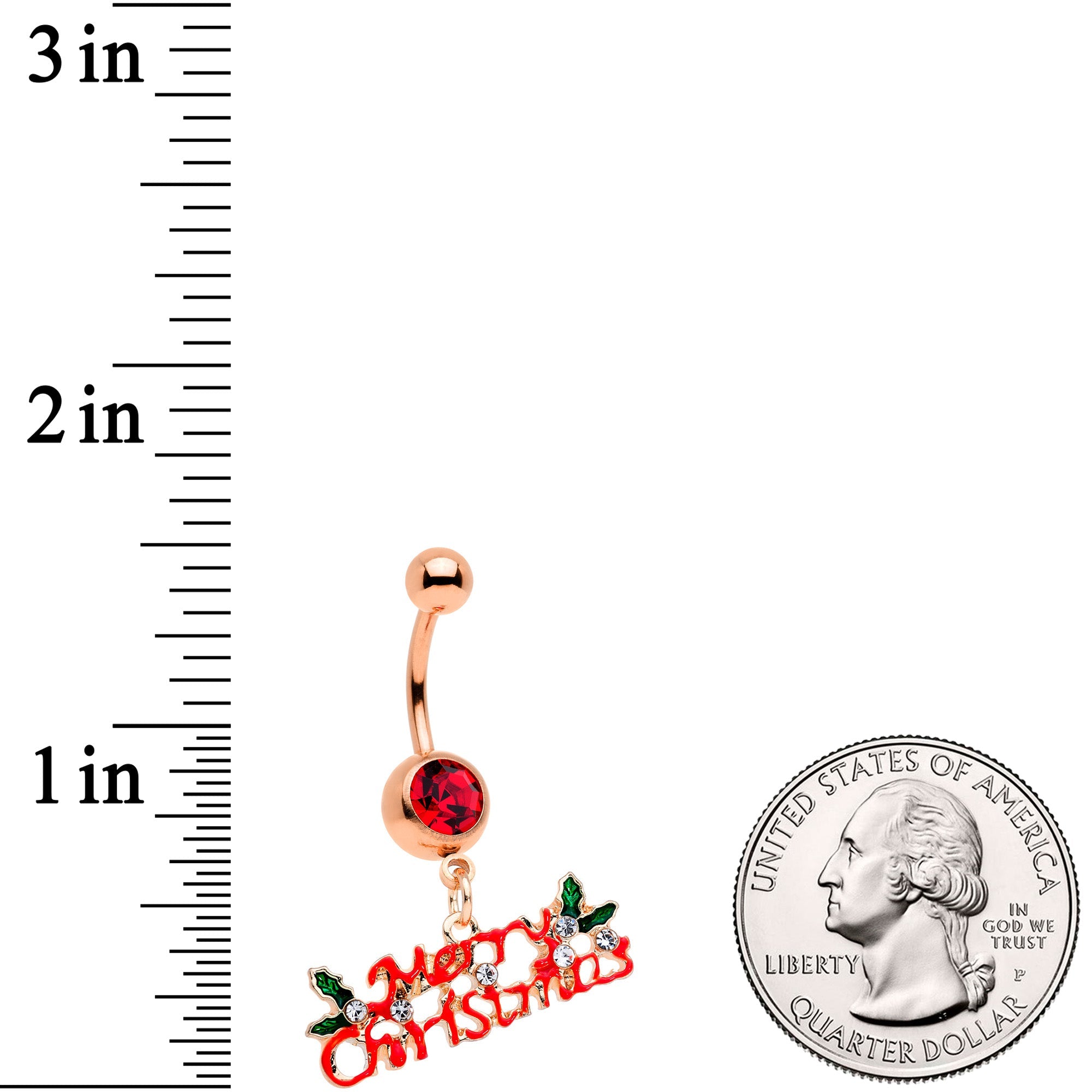 BodyCandy Red Gem Rose Gold Tone Merry Christmas Dangle Belly Ring — lifestyle context