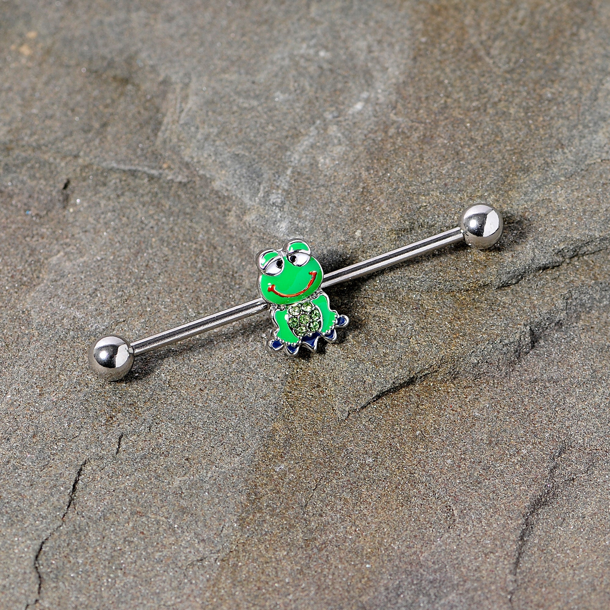 BodyCandy 14G Green Gem Green Goofy Frog Industrial Barbell 38mm — detail close-up