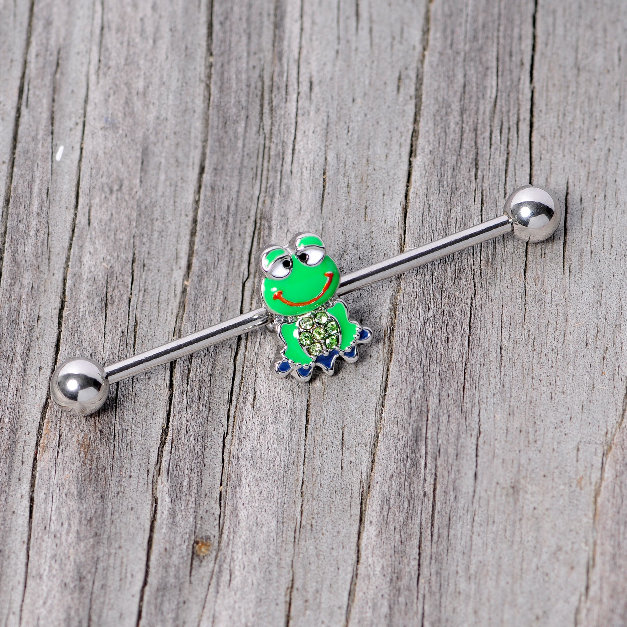 BodyCandy 14G Green Gem Green Goofy Frog Industrial Barbell 38mm — side view