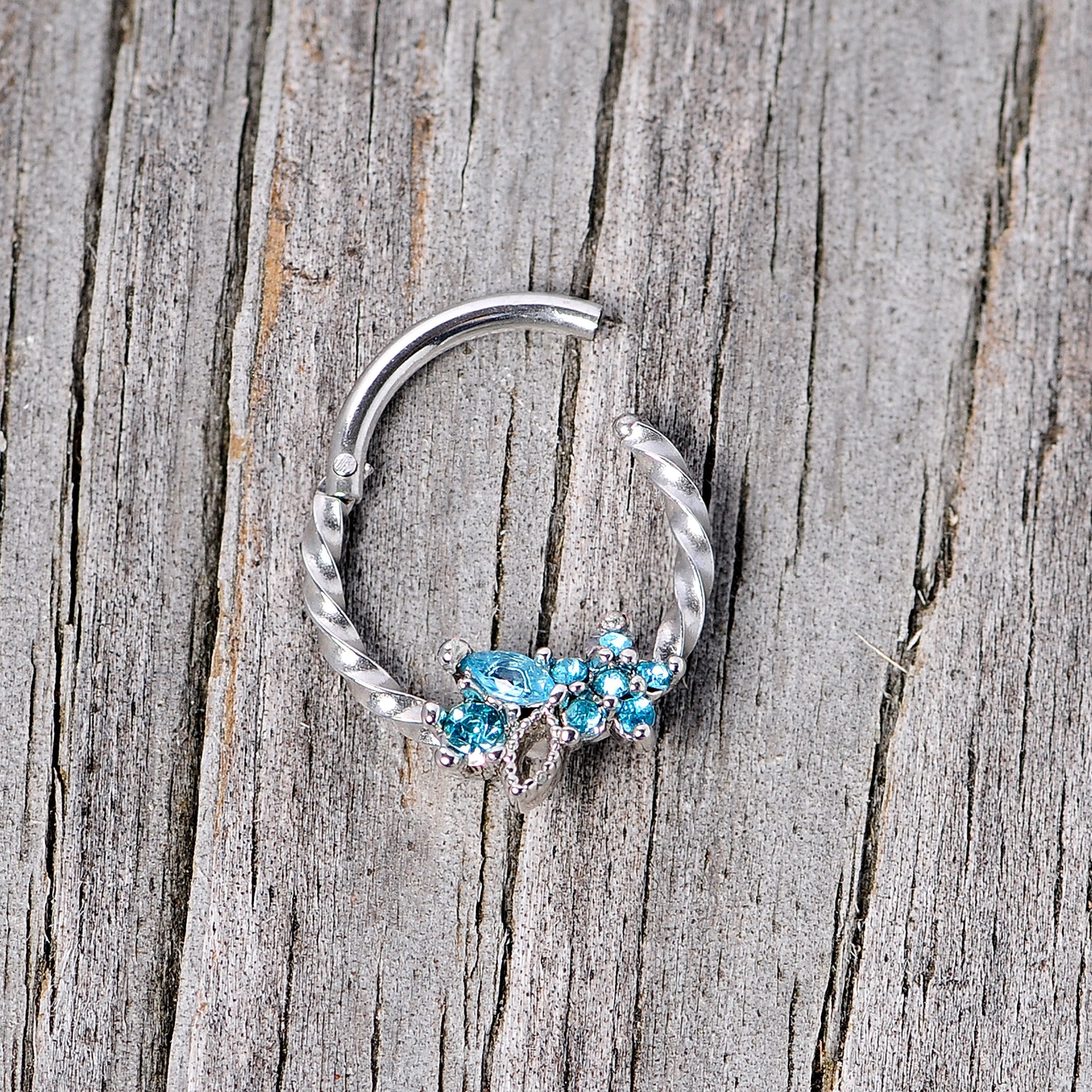 BodyCandy 16G 3/8 Aqua Gem Star Twisted Hinged Segment Ring — side view