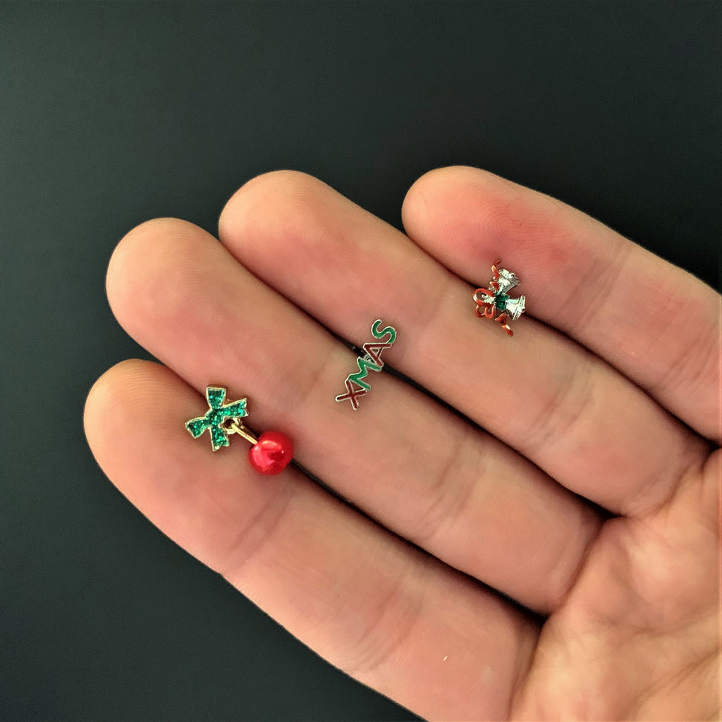 BodyCandy 16G 1/4 Merry Christmas Cartilage Tragus Set of 3 — detail close-up