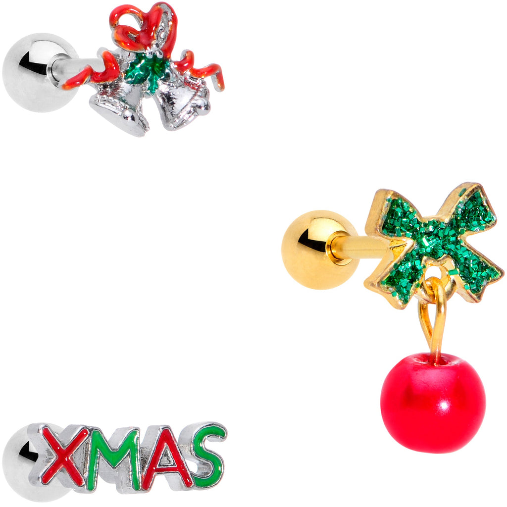BodyCandy 16G 1/4 Merry Christmas Cartilage Tragus Set of 3 — main product shot