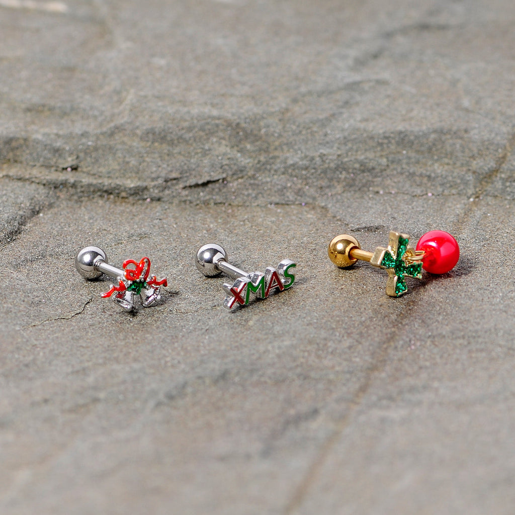 BodyCandy 16G 1/4 Merry Christmas Cartilage Tragus Set of 3 — side view