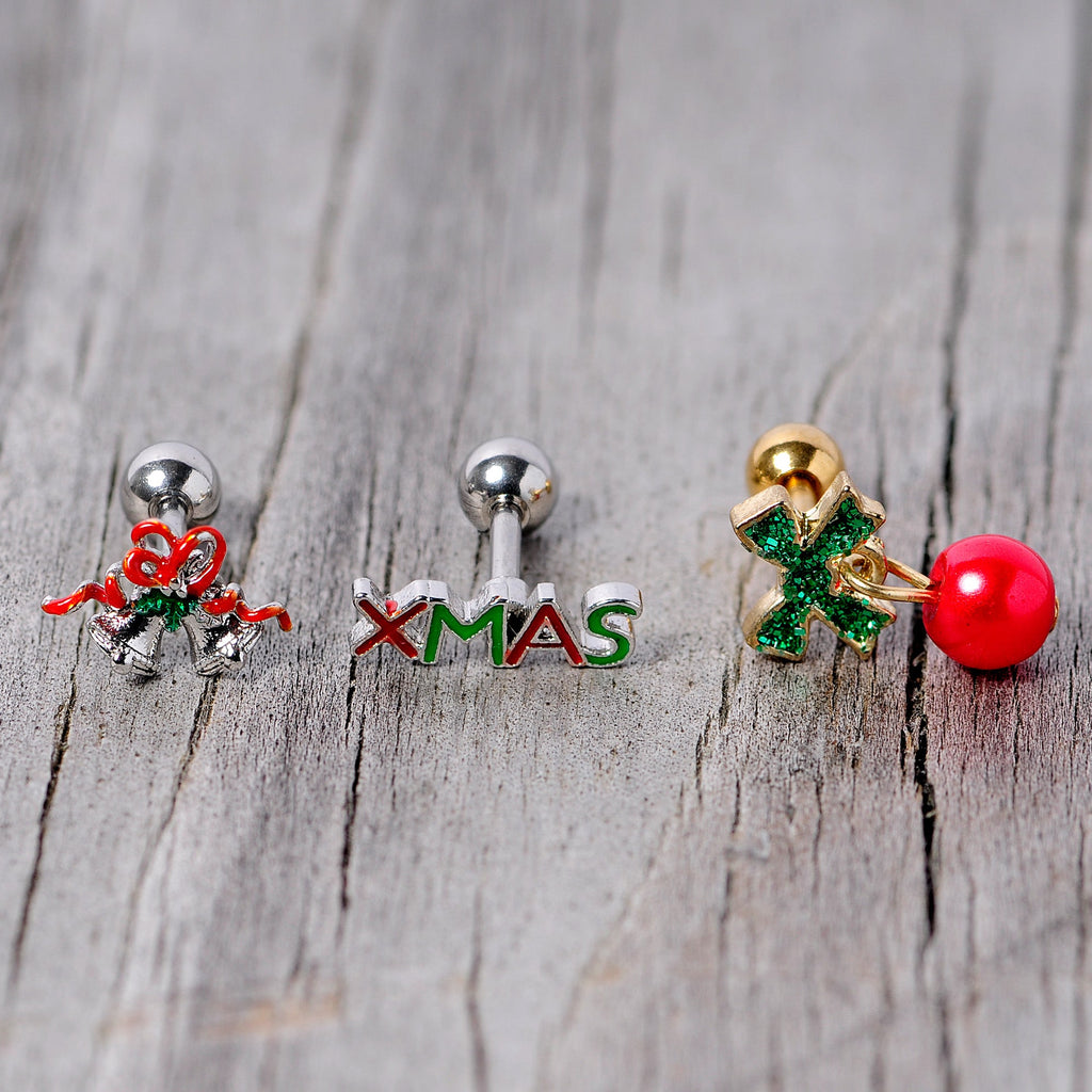 BodyCandy 16G 1/4 Merry Christmas Cartilage Tragus Set of 3 — back view
