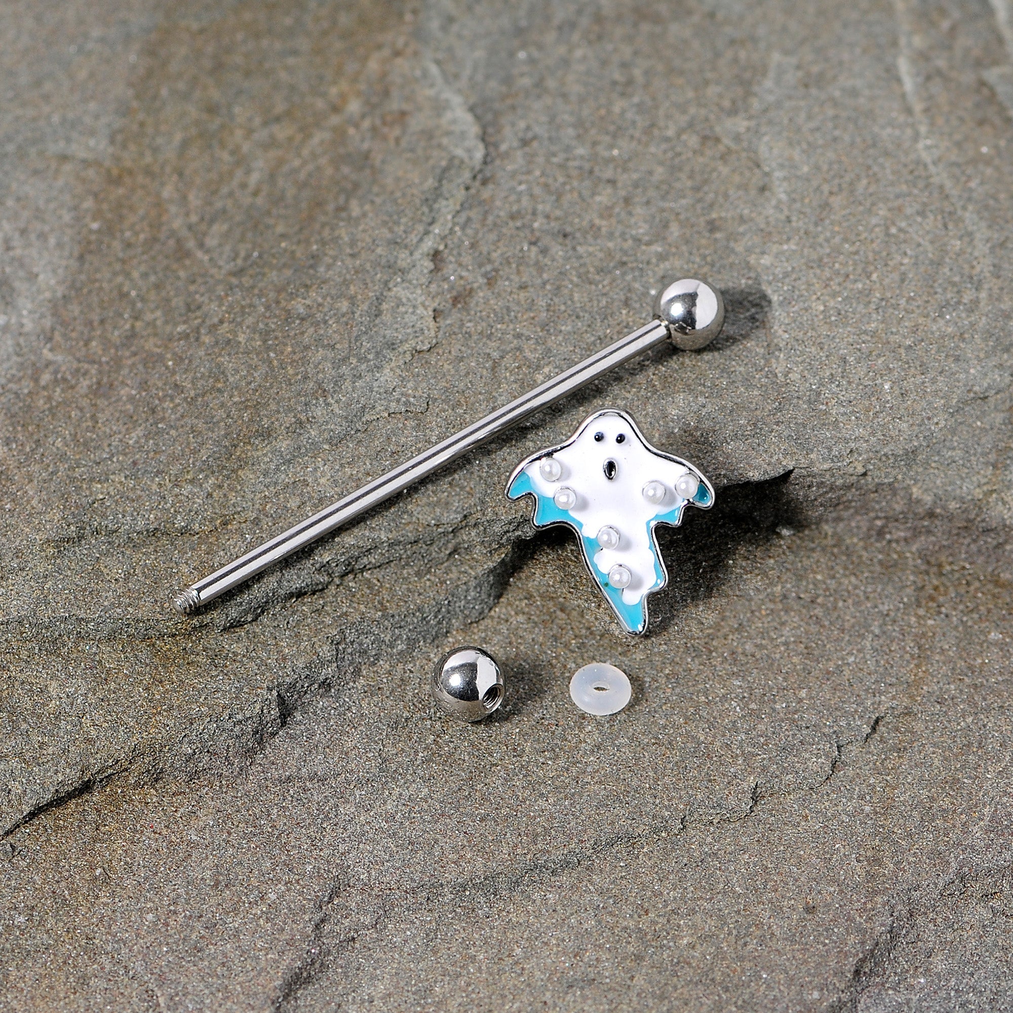 BodyCandy 14G White Orb Ghost Halloween Industrial Barbell 38mm — side view