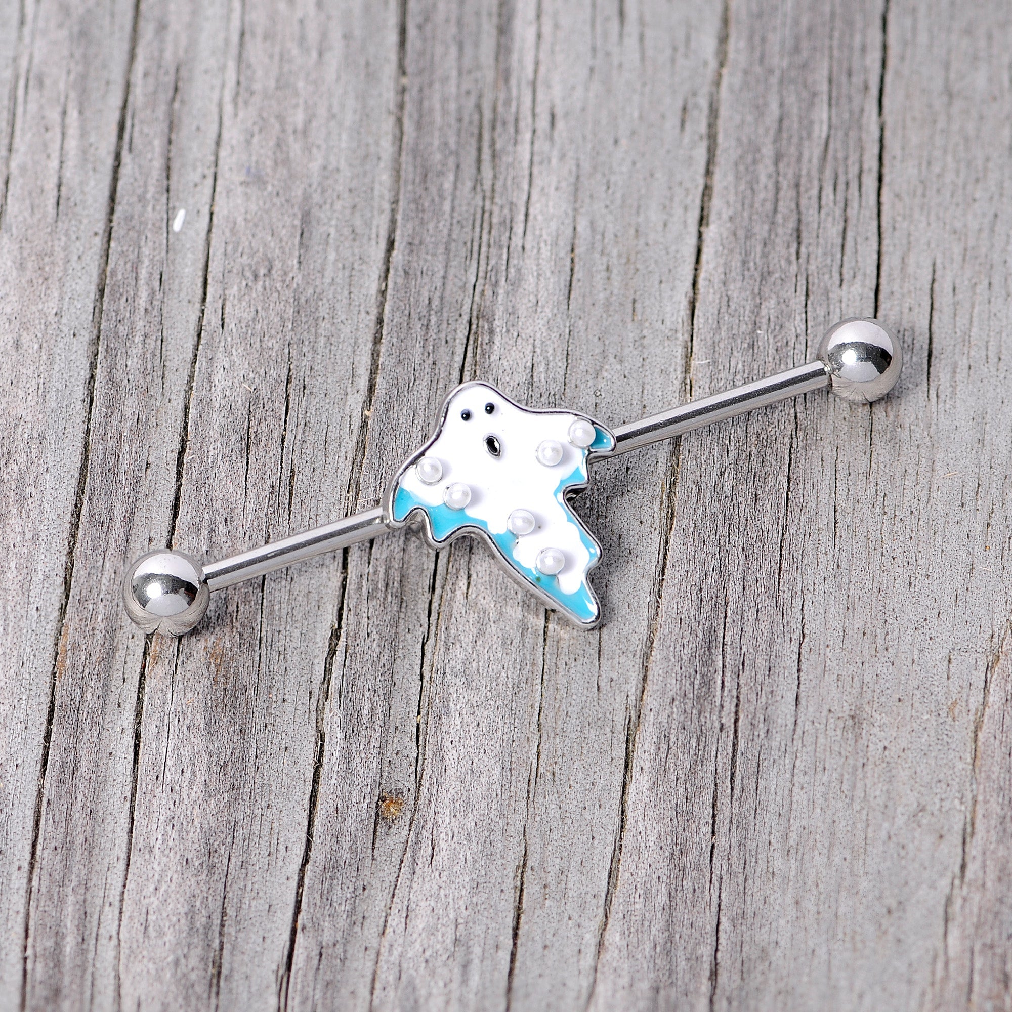 BodyCandy 14G White Orb Ghost Halloween Industrial Barbell 38mm — back view