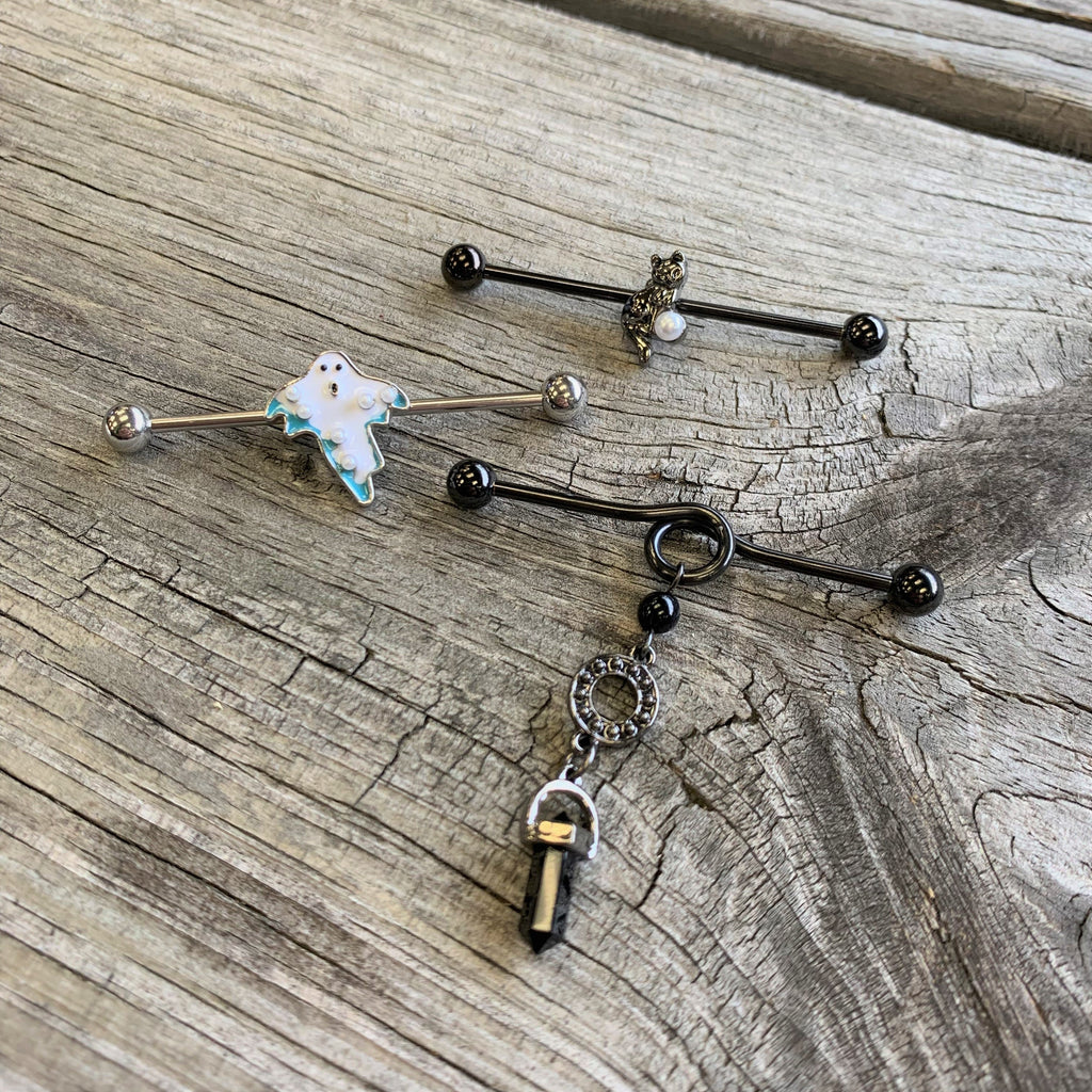 BodyCandy 14G White Orb Ghost Halloween Industrial Barbell 38mm — detail close-up