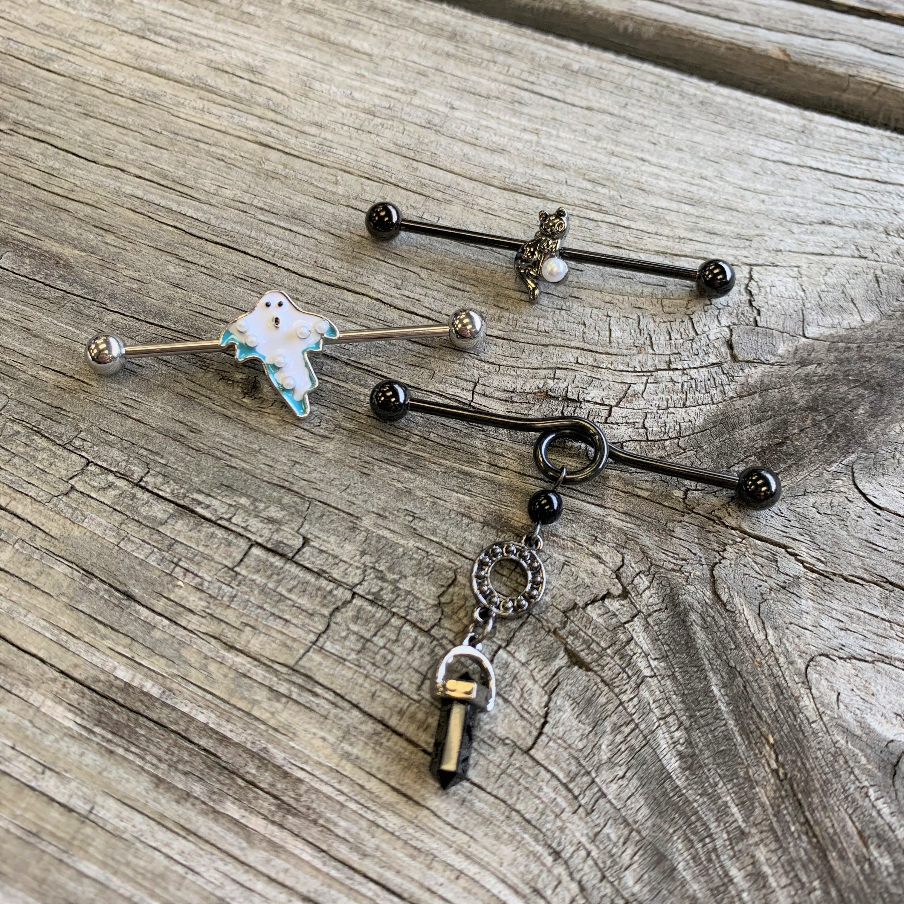 BodyCandy 14G White Orb Ghost Halloween Industrial Barbell 38mm — detail close-up