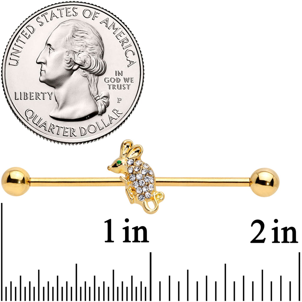 BodyCandy 14G Clear Aqua Gem Gold Tone Mouse Industrial Barbell 38mm — detail close-up