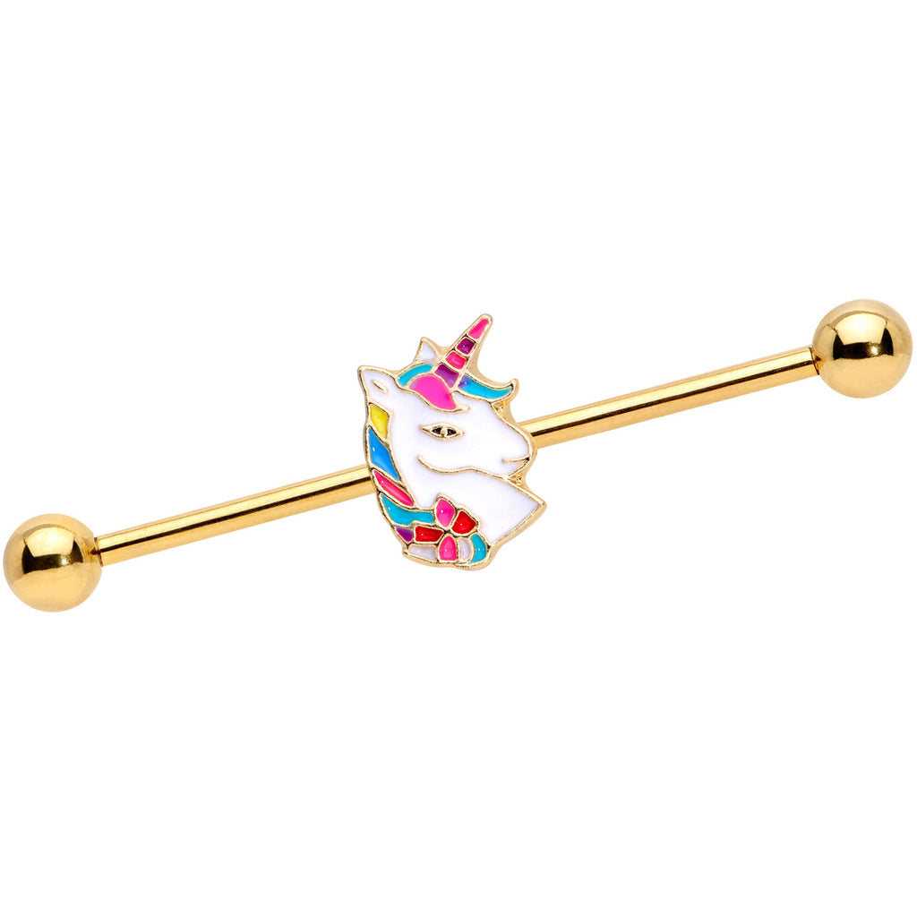 BodyCandy 14G Gold Tone Rainbow Unicorn Industrial Barbell 38mm — main product shot