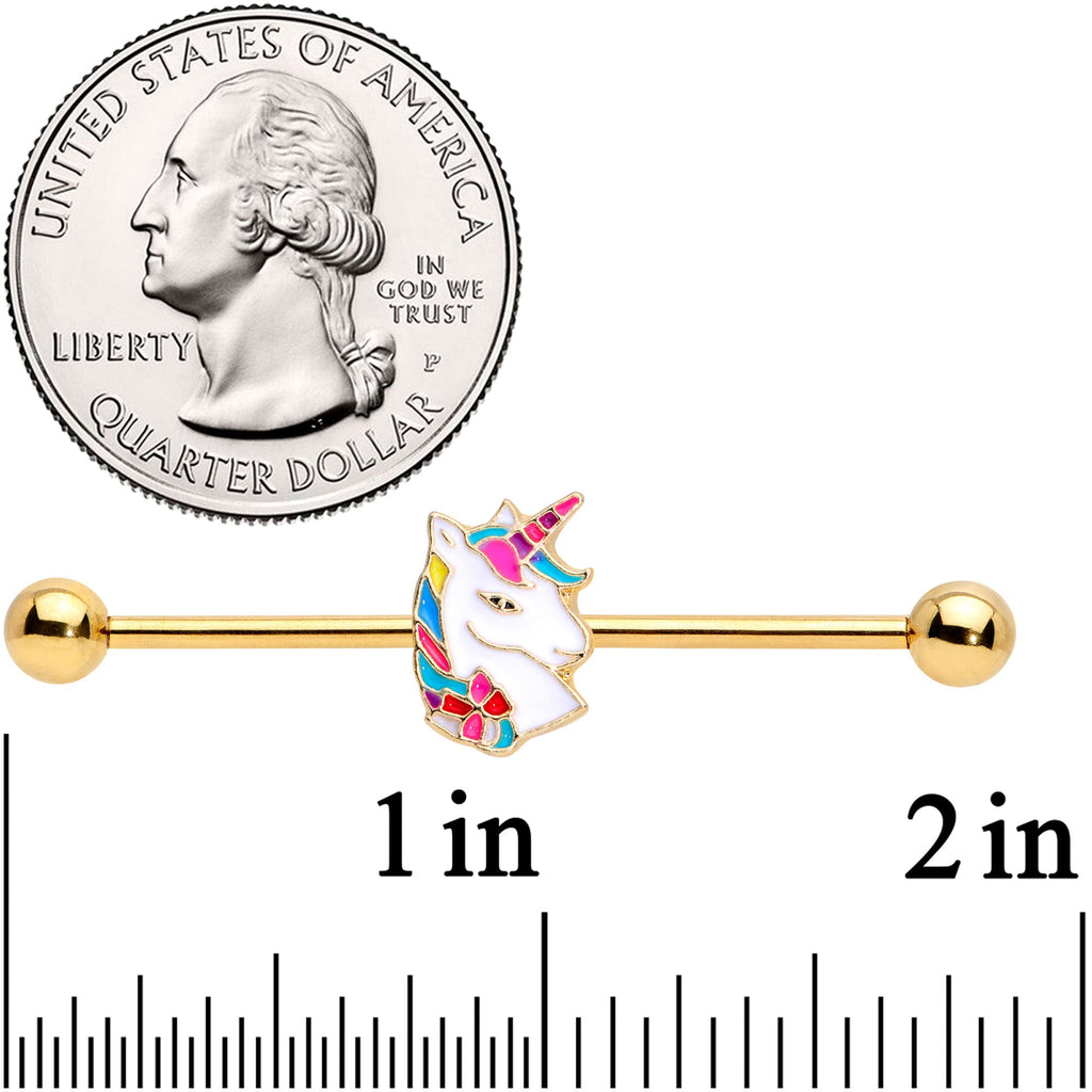BodyCandy 14G Gold Tone Rainbow Unicorn Industrial Barbell 38mm — detail close-up