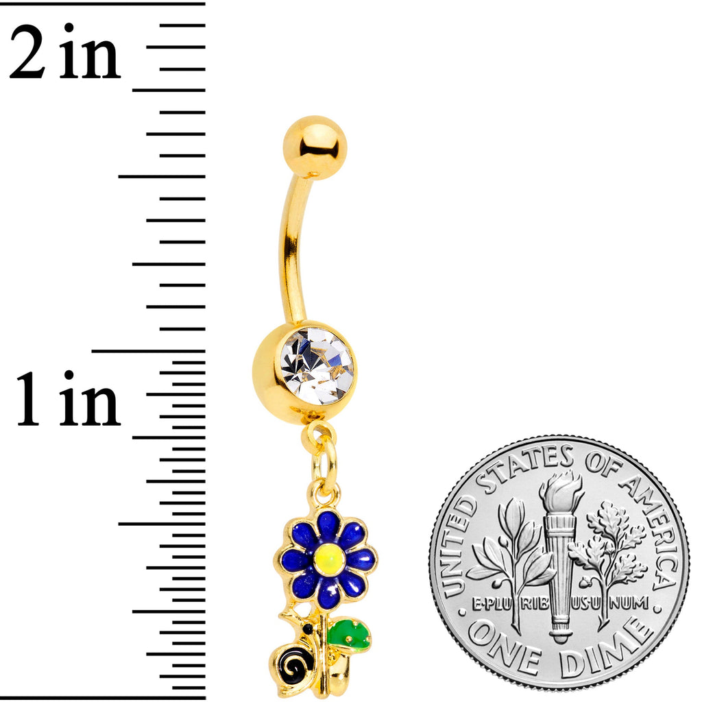 BodyCandy Clear Gem Gold Tone Blue Green Snail Flower Dangle Belly Ring — detail close-up