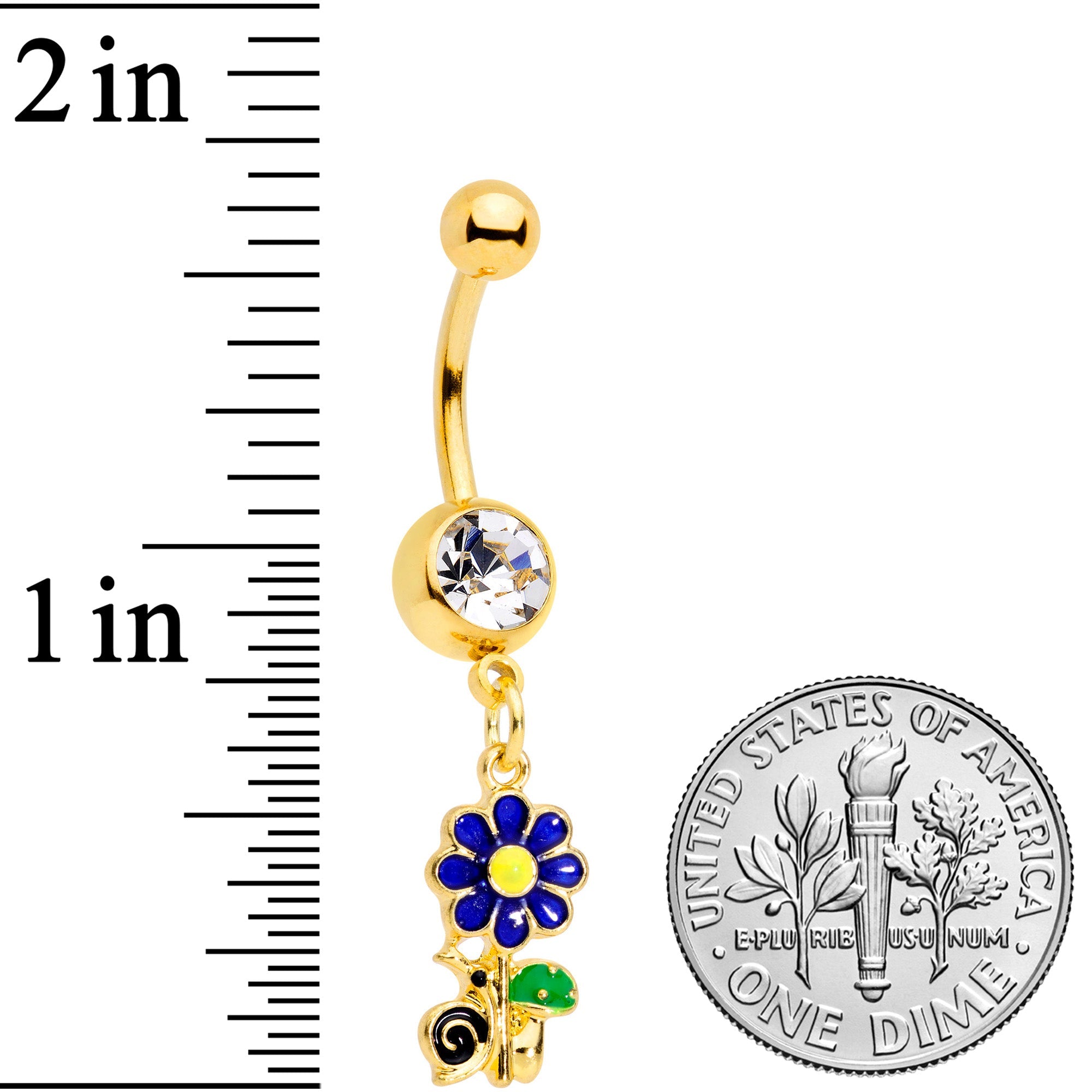 BodyCandy Clear Gem Gold Tone Blue Green Snail Flower Dangle Belly Ring — detail close-up