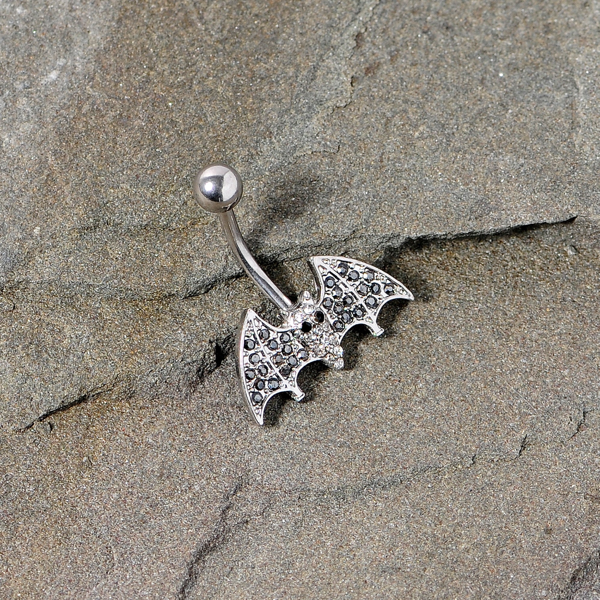 BodyCandy Clear Black Gem Bat Halloween Belly Ring — side view
