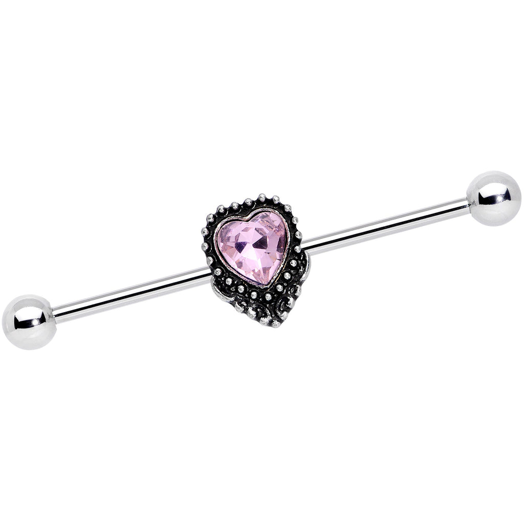 BodyCandy 14G Pink Gem Regal Textured Heart Industrial Barbell 38mm — main product shot