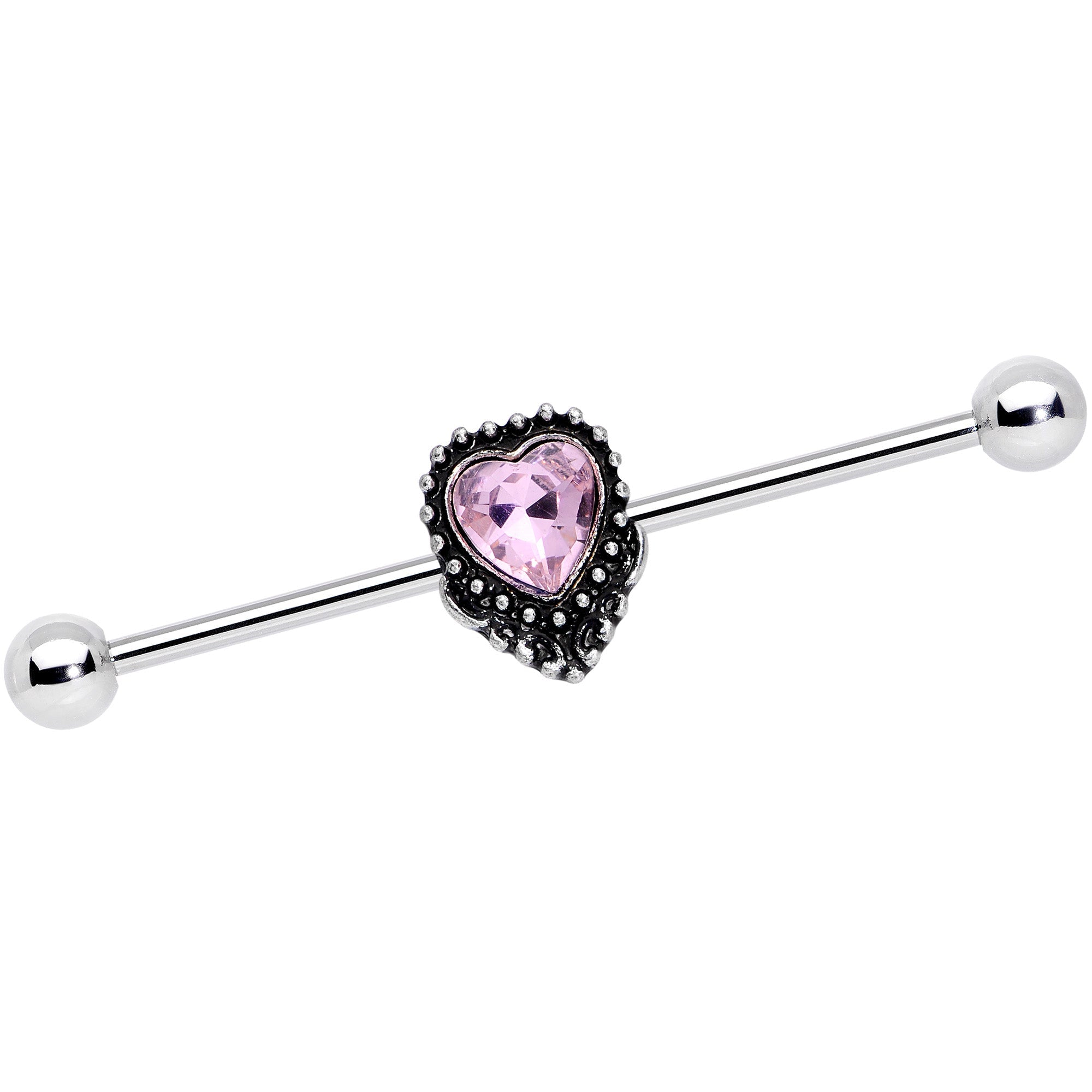 BodyCandy 14G Pink Gem Regal Textured Heart Industrial Barbell 38mm — main product shot