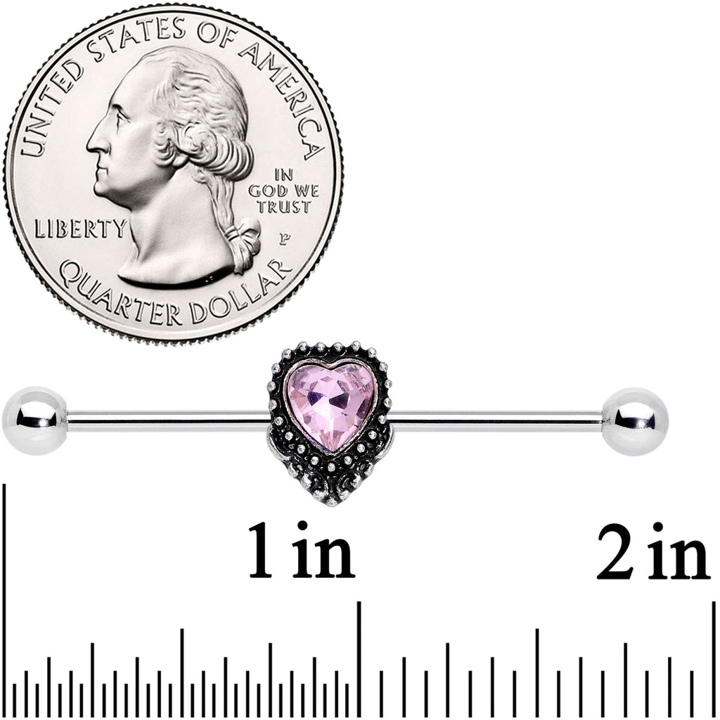 BodyCandy 14G Pink Gem Regal Textured Heart Industrial Barbell 38mm — detail close-up