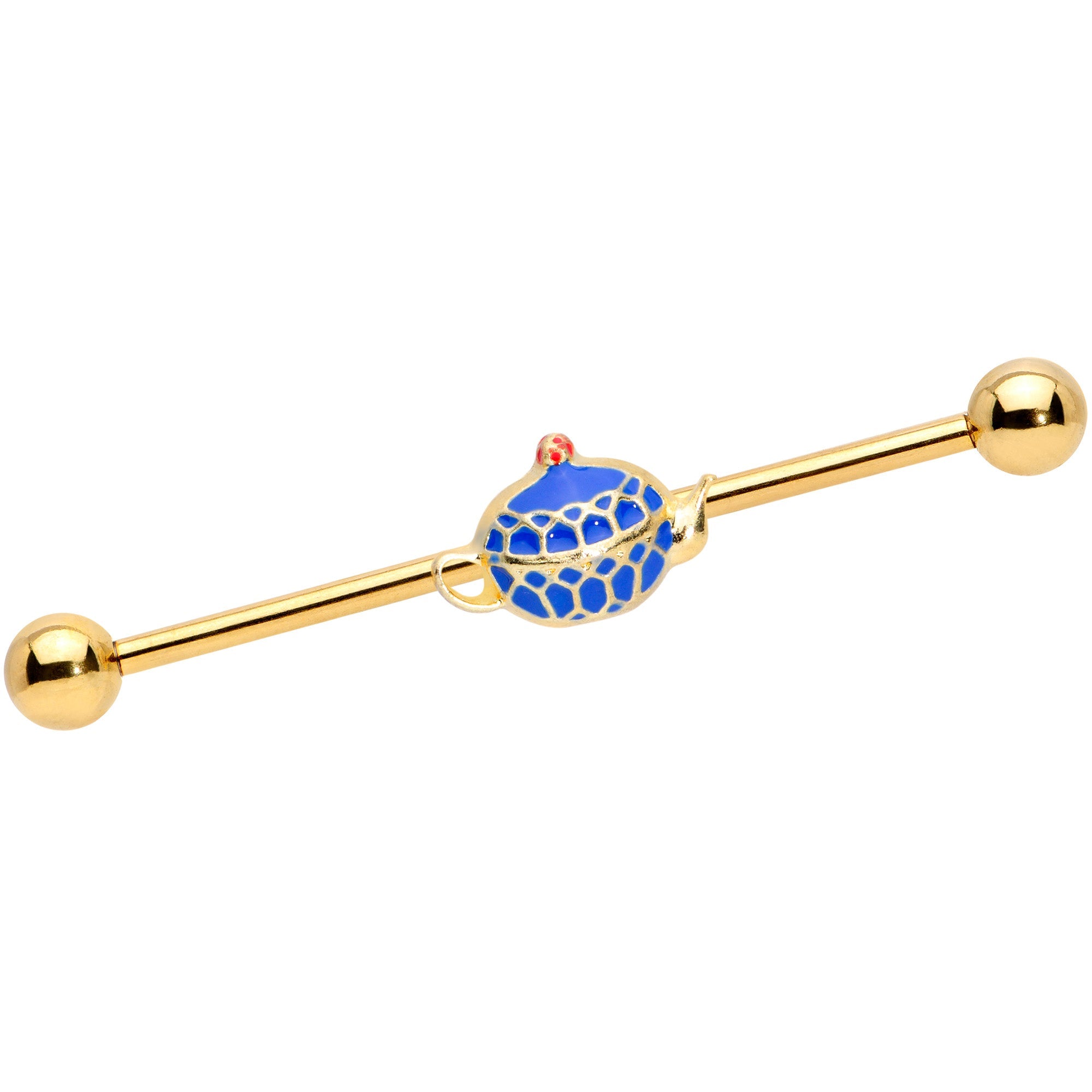 BodyCandy 14G Gold Tone Blue Teapot Industrial Barbell 38mm — main product shot