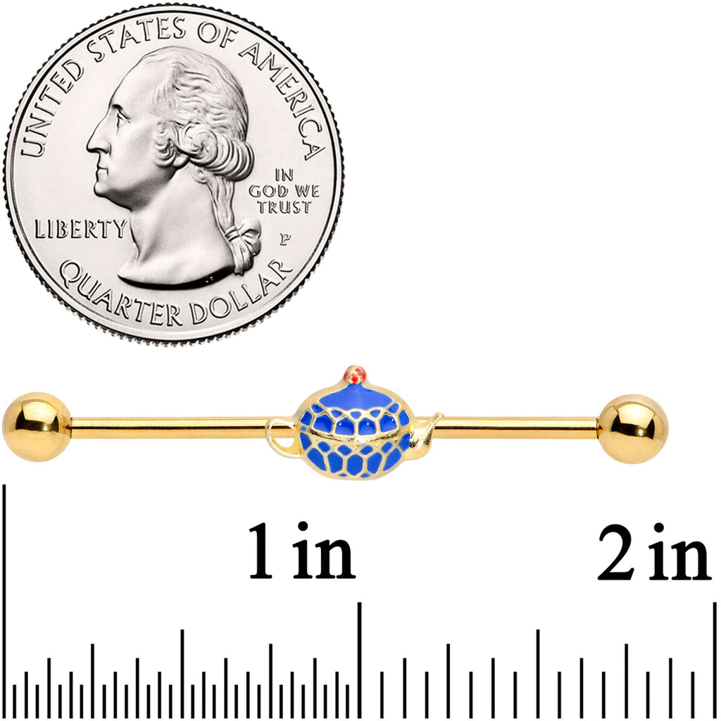 BodyCandy 14G Gold Tone Blue Teapot Industrial Barbell 38mm — detail close-up