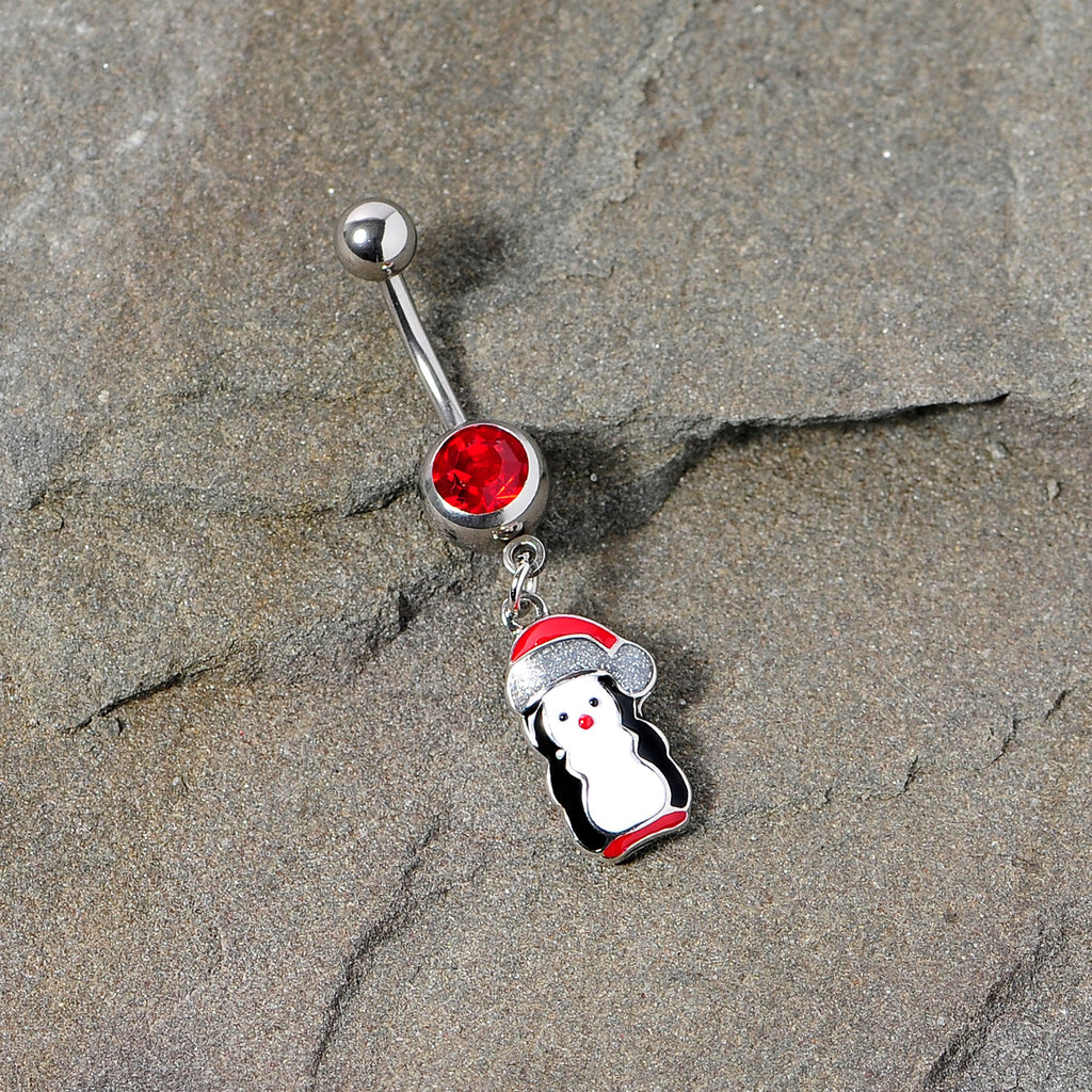 BodyCandy Red Gem Holiday Penguin Christmas Dangle Belly Ring — side view