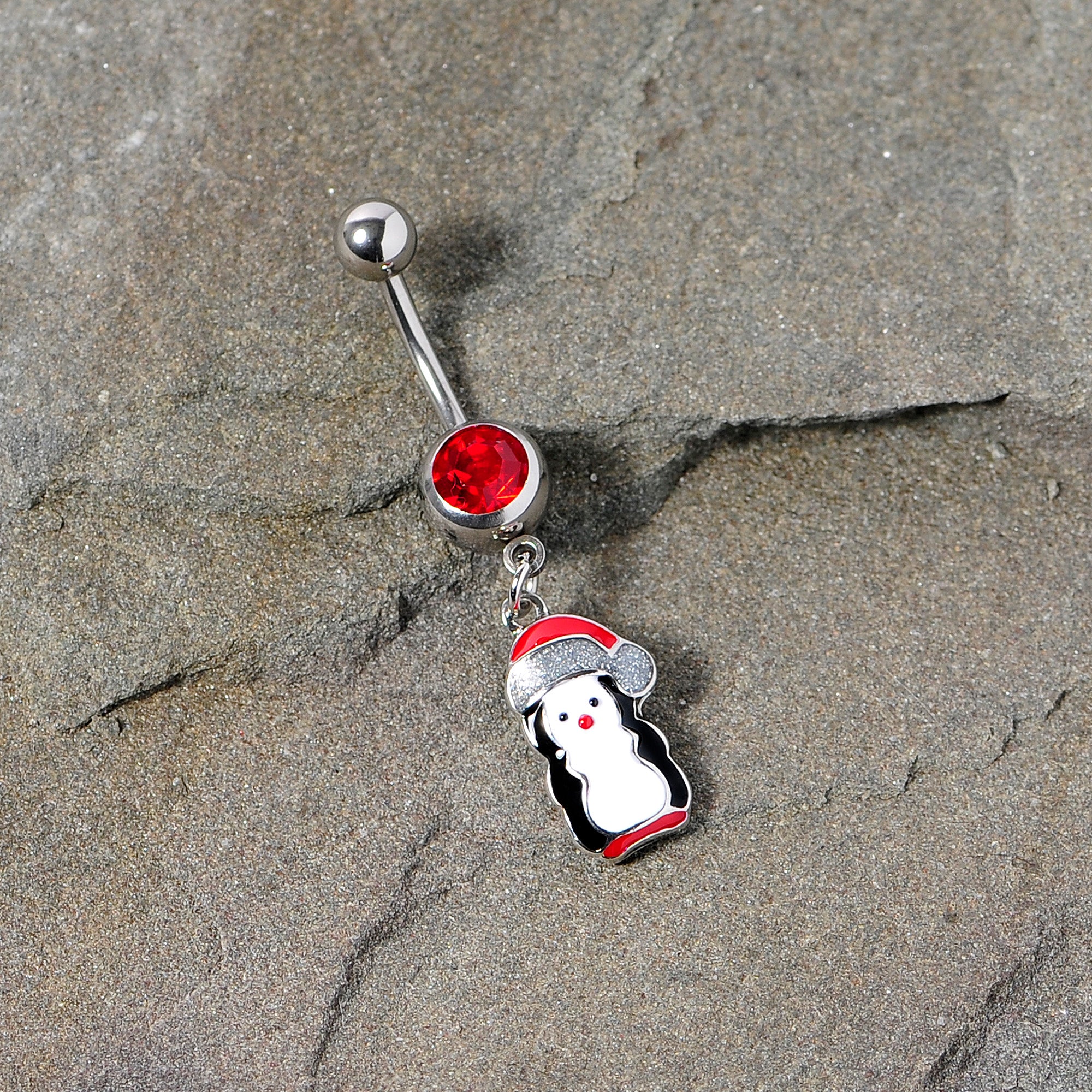 BodyCandy Red Gem Holiday Penguin Christmas Dangle Belly Ring — side view