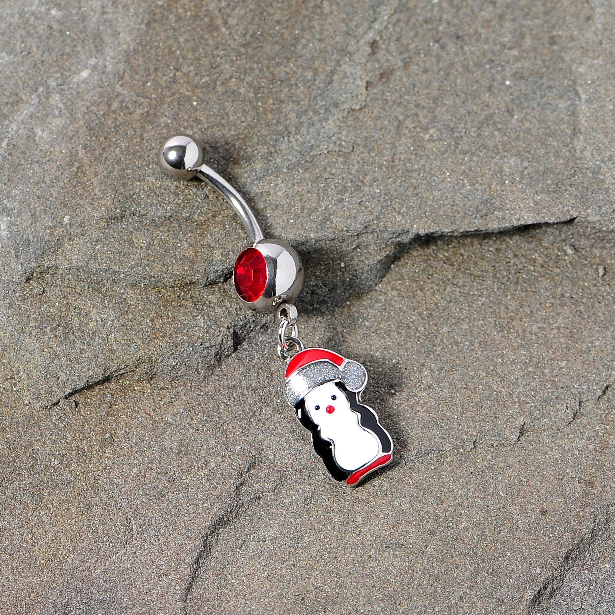 BodyCandy Red Gem Holiday Penguin Christmas Dangle Belly Ring — back view