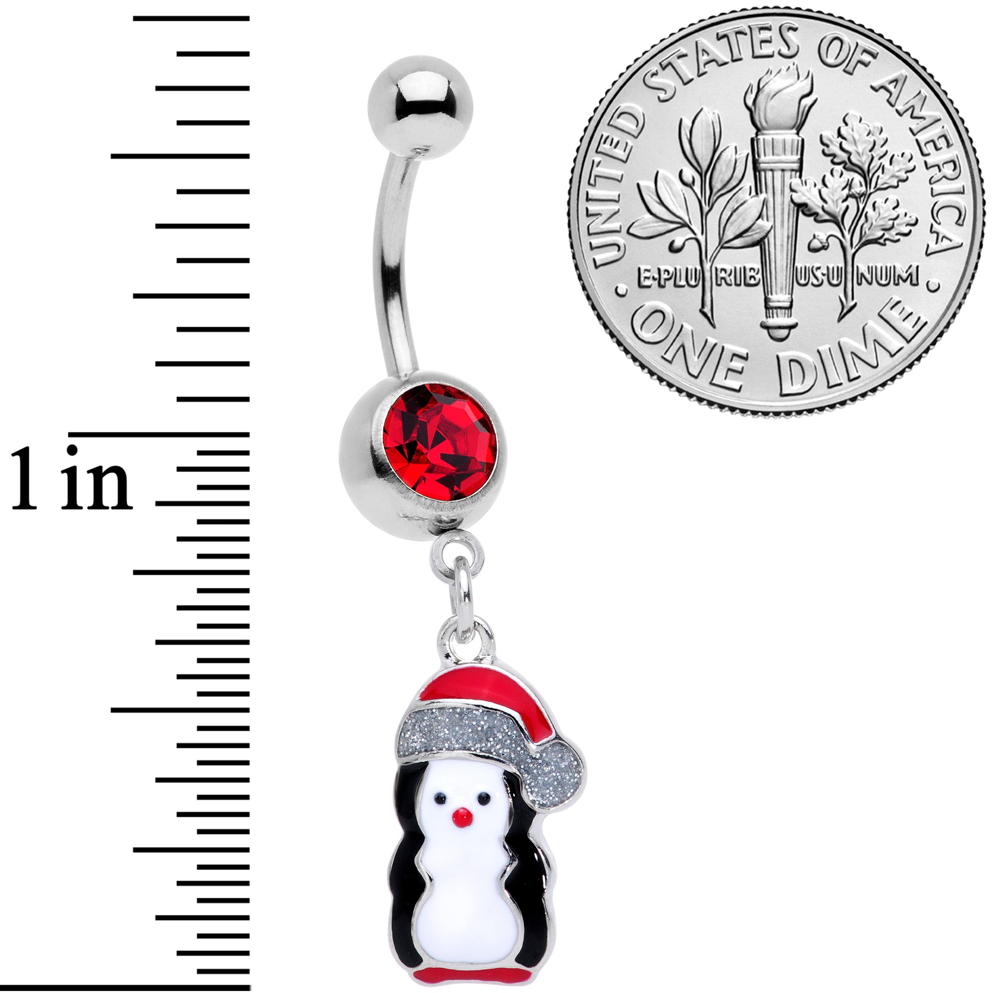 BodyCandy Red Gem Holiday Penguin Christmas Dangle Belly Ring — in-use photo