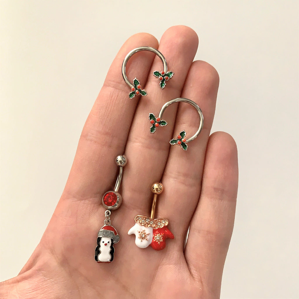 BodyCandy Red Gem Holiday Penguin Christmas Dangle Belly Ring — lifestyle context