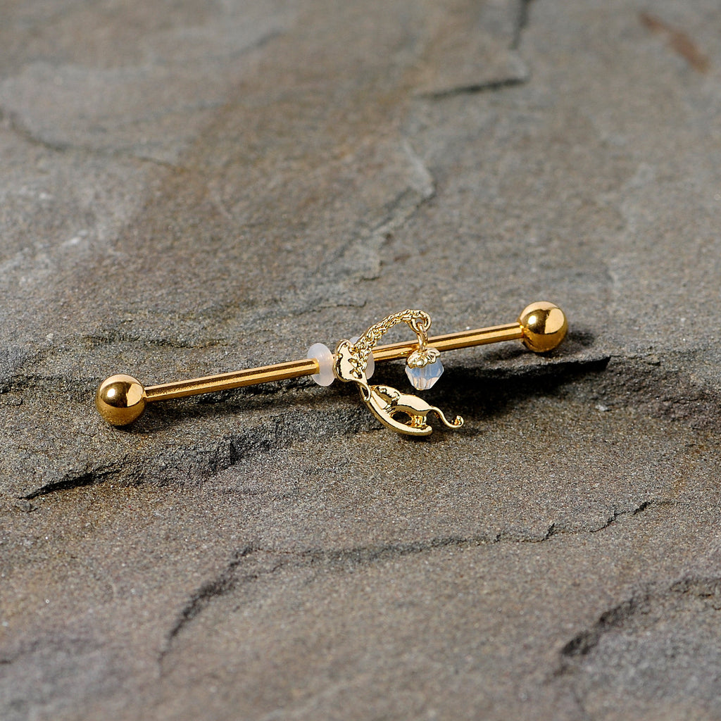 BodyCandy 14G Clear Gem Gold Tone Mouse Moon Industrial Barbell 38mm — detail close-up