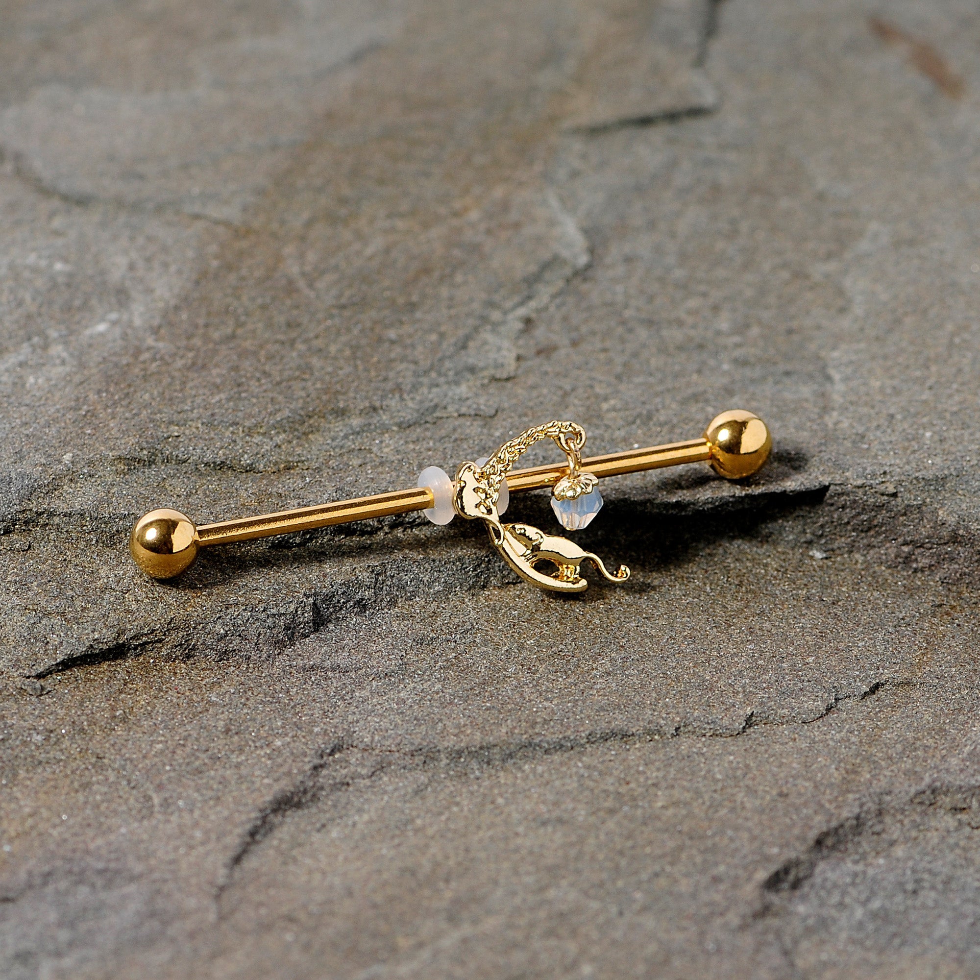 BodyCandy 14G Clear Gem Gold Tone Mouse Moon Industrial Barbell 38mm — detail close-up